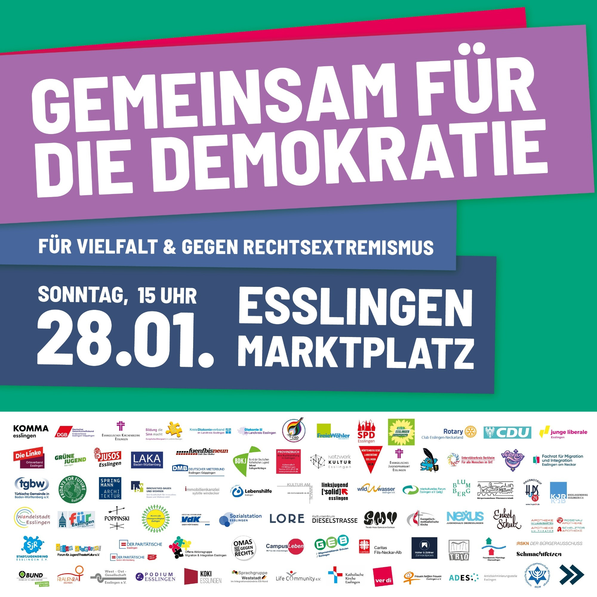 Sharepic für Veranstaltung am 28.01.24, 15 Uhr auf dem Marktplatz in Esslingen: Gemeinsam für die Demokratie. Für Vielfalt & gegen Rechtsextremismus