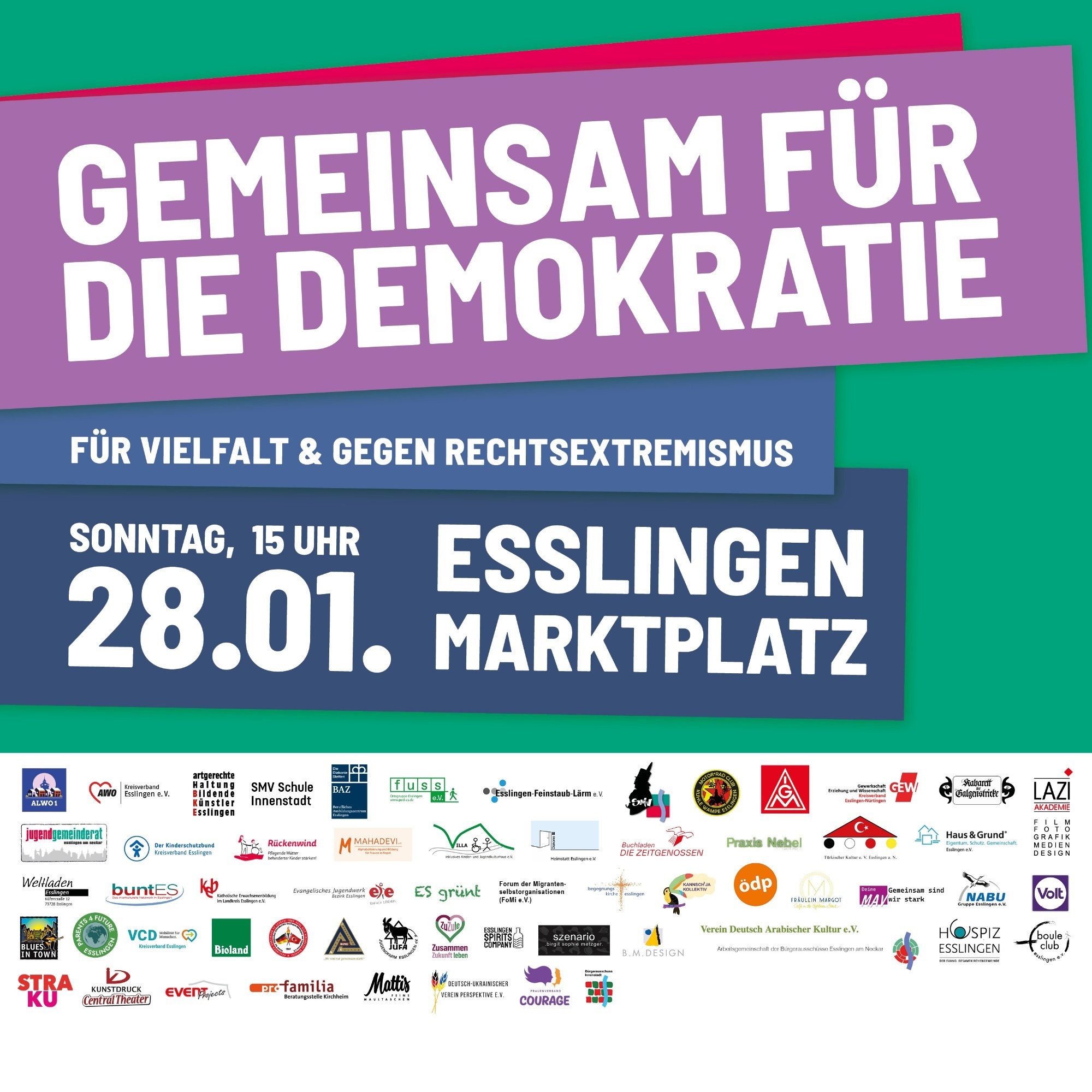 Sharepic für Veranstaltung am 28.01.24, 15 Uhr auf dem Marktplatz in Esslingen: Gemeinsam für die Demokratie. Für Vielfalt & gegen Rechtsextremismus