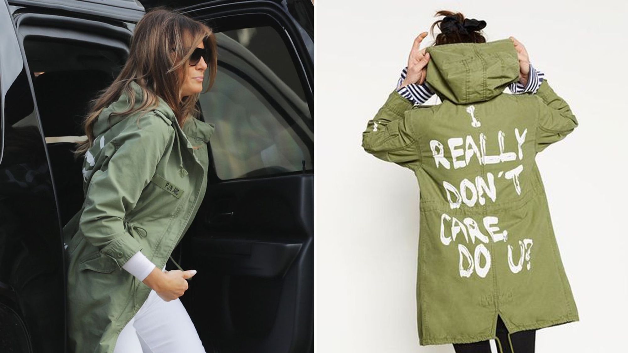 Melania Trump with her famous "I really don't care, do you?" jacket on.