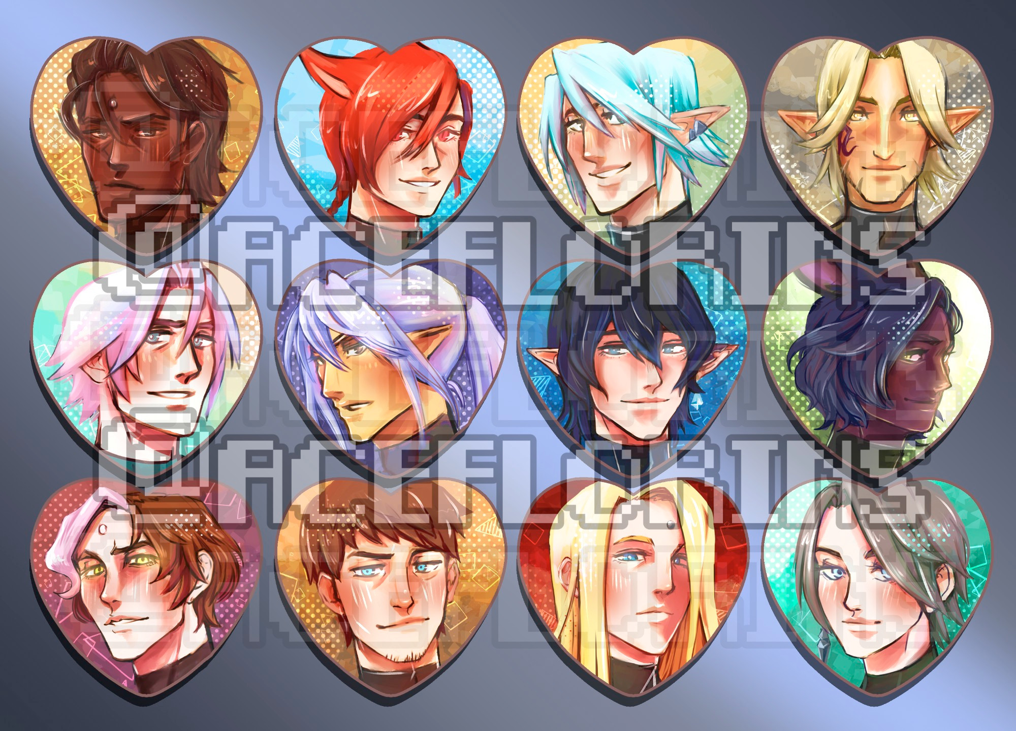 Heart shaped button designs featuring some Final Fantasy XIV characters. There are 12 buttons inall; 4 designs in a row and 3 per column. From left to right on the first row, we have Gaius, Graha, Haurchefant, and Urianger. On the second row, we have Thancred, Estinien, Aymeric, and Erenville. On the third and last row, we have Emet-Selch/Solus  Ardbert, Zenos, and Zero. My watermark covers all the designs in two different levels of transparency. 