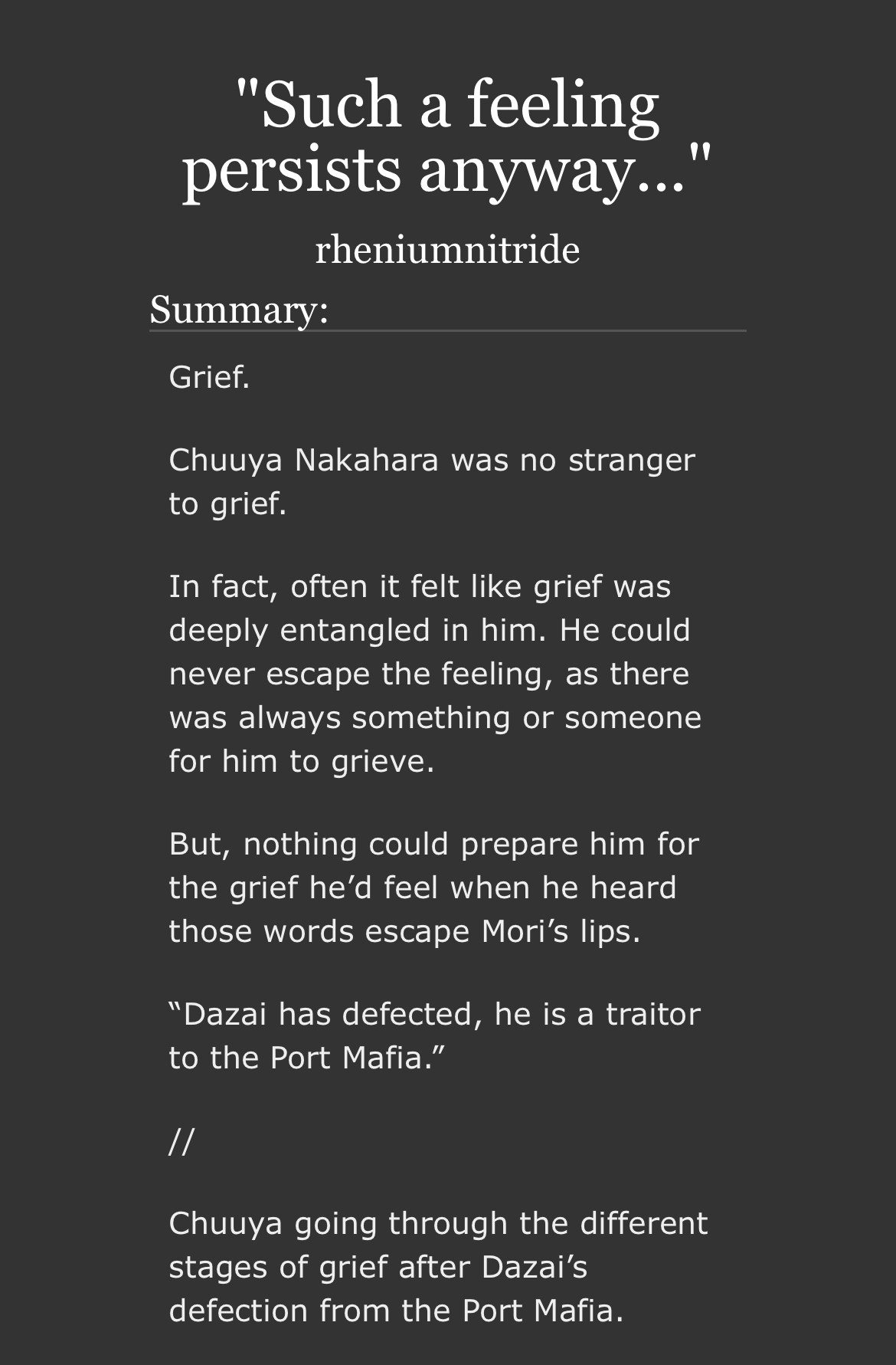 Screenshot from AO3 with the title and summary of my fanfic “Such a feeling persists anyway…”