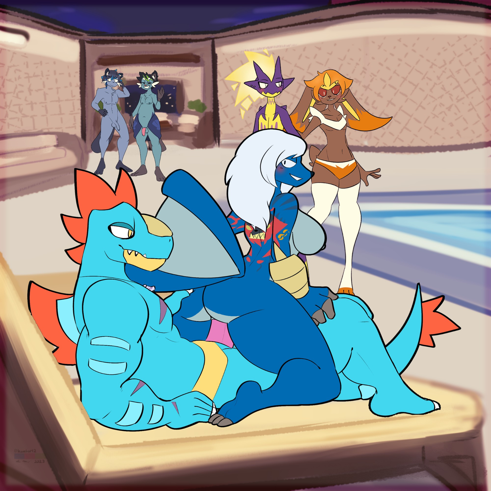 A Samurott girl (Azuka) in a reverse Cowgirl pose with a Feraligatr guy (Bayou) at an indoor pool as other people watch them.