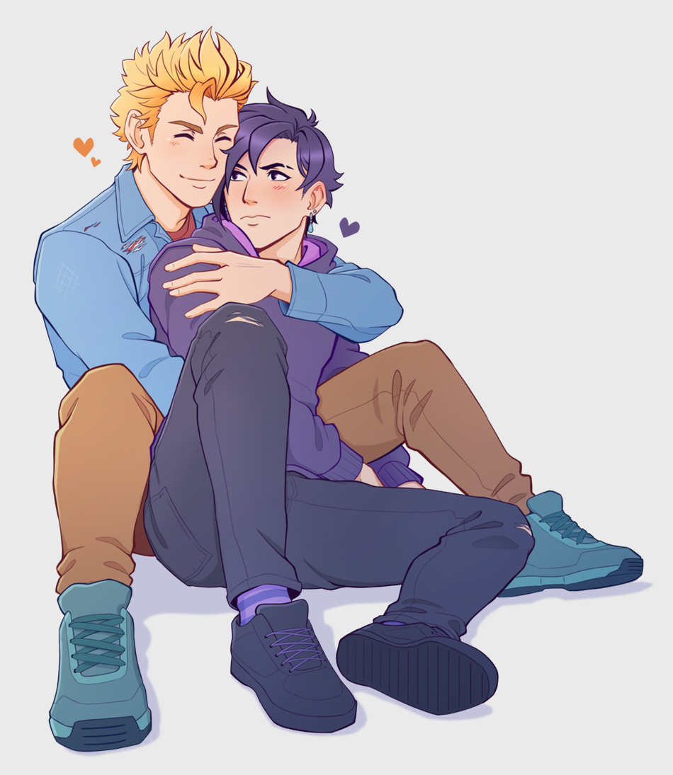 drawing of Sam and Sebastian from Stardew Valley sitting on the ground. Sam is happily hugging a blushing Sebastian who looks mildly annoyed.