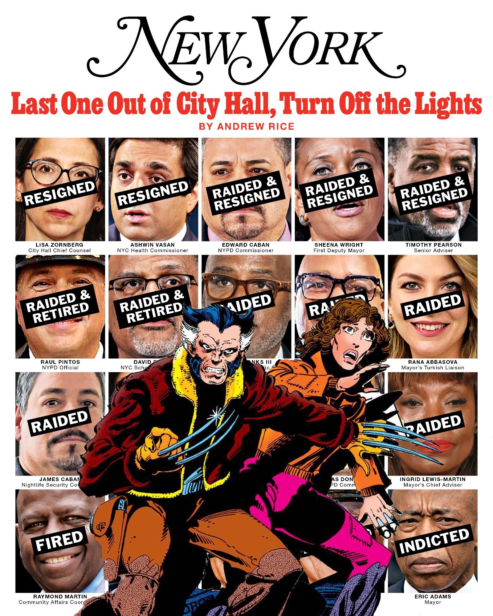 The cover of New York Magazine listing the resigned/raided/indicted NYC City Hall officials superimposed with Wolverine and Kate Pryde from the cover of Uncanny X-Men #141