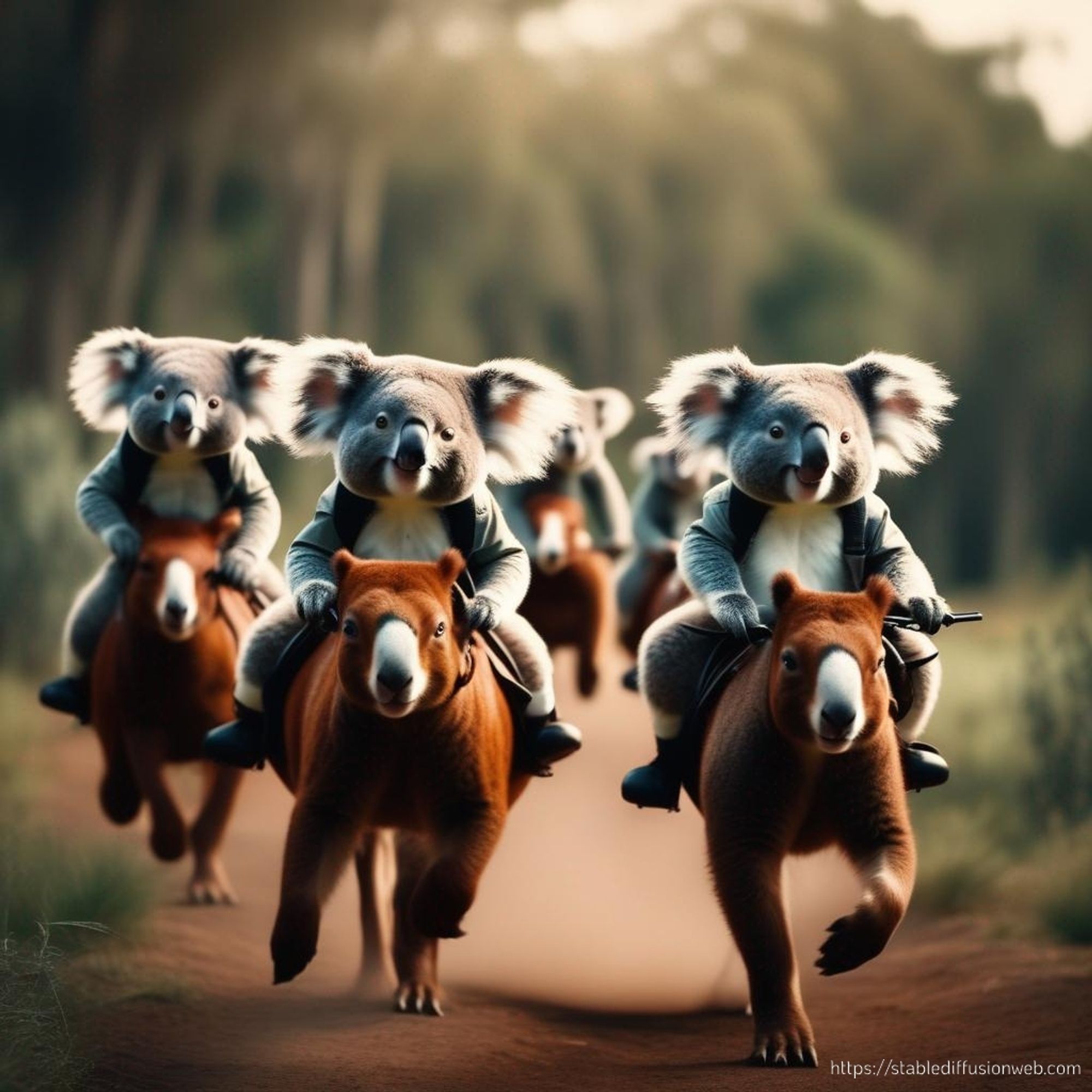 KI generiertes Bild von Koalas, die auf pferdeähnlichen Wesen reiten.