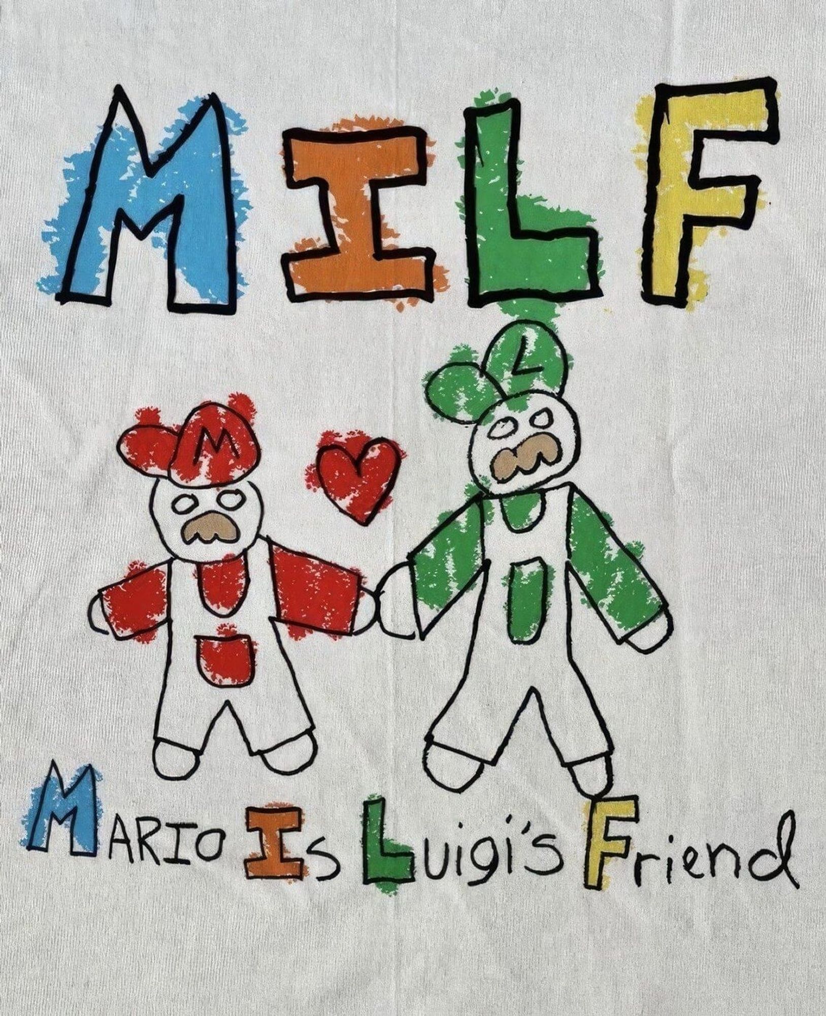 Eine Kinderzeichnung. Eine rote und eine grüne Figur mit Latzhosen und Mütze, darüber steht groß MILF. Darunter: Mario is Luigis friend