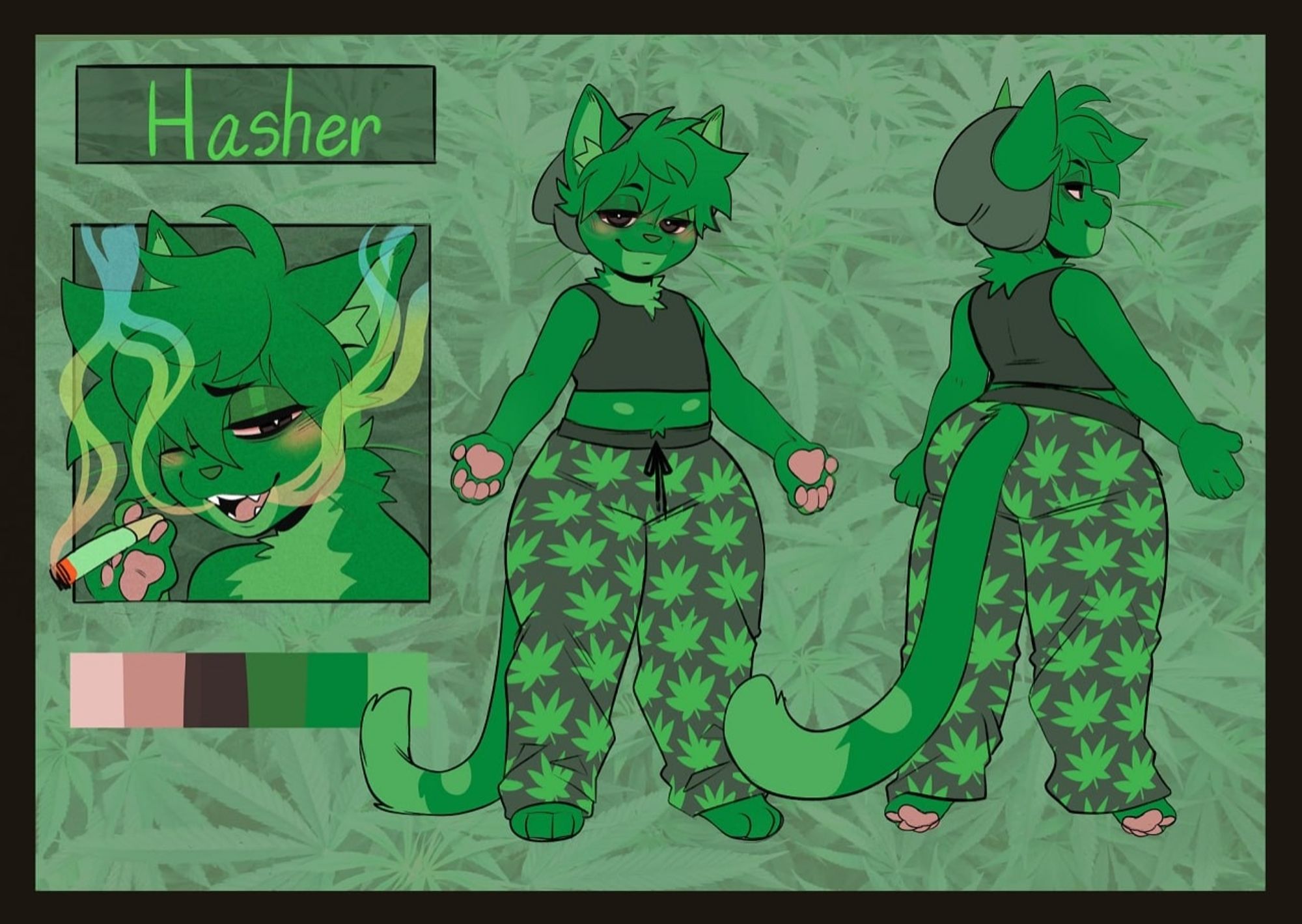 Reference of Hasher the green stoner feline (they/them) wearing an outfit of marijuana leaf patterned pants, a black binder, and a beanie cap