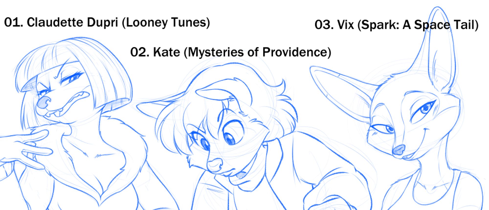 A crop of three female anthro fox characters from the shoulders up, all digital rough sketches. The left is Claudette from Looney Tunes, looking haughty. The middle if Kate from Mysteries of Providence, looking inquisitive. The right is Vix from Spark: A Space Tail, looking bashful and kind.