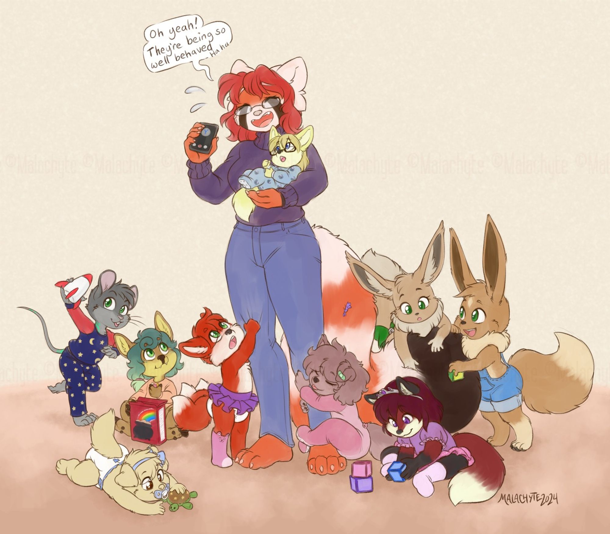 A digital media drawing with sketchy lines and soft colors. A female red panda anthro is holding a baby fox cub and looking nervous but smiling, while saying "Oh yeah! They're being so well behaved, ha ha" into a phone. There is a fox cub pulling on one leg, and a pup cub hugging the other. Two eevee cubs are playing with her tail. A fox cub is playing with blocks next to them. To the left is a musk deer cub eating cereal out of the box, a baby pup playing with a turtle happily, and a mouse cub running with a rocket ship.