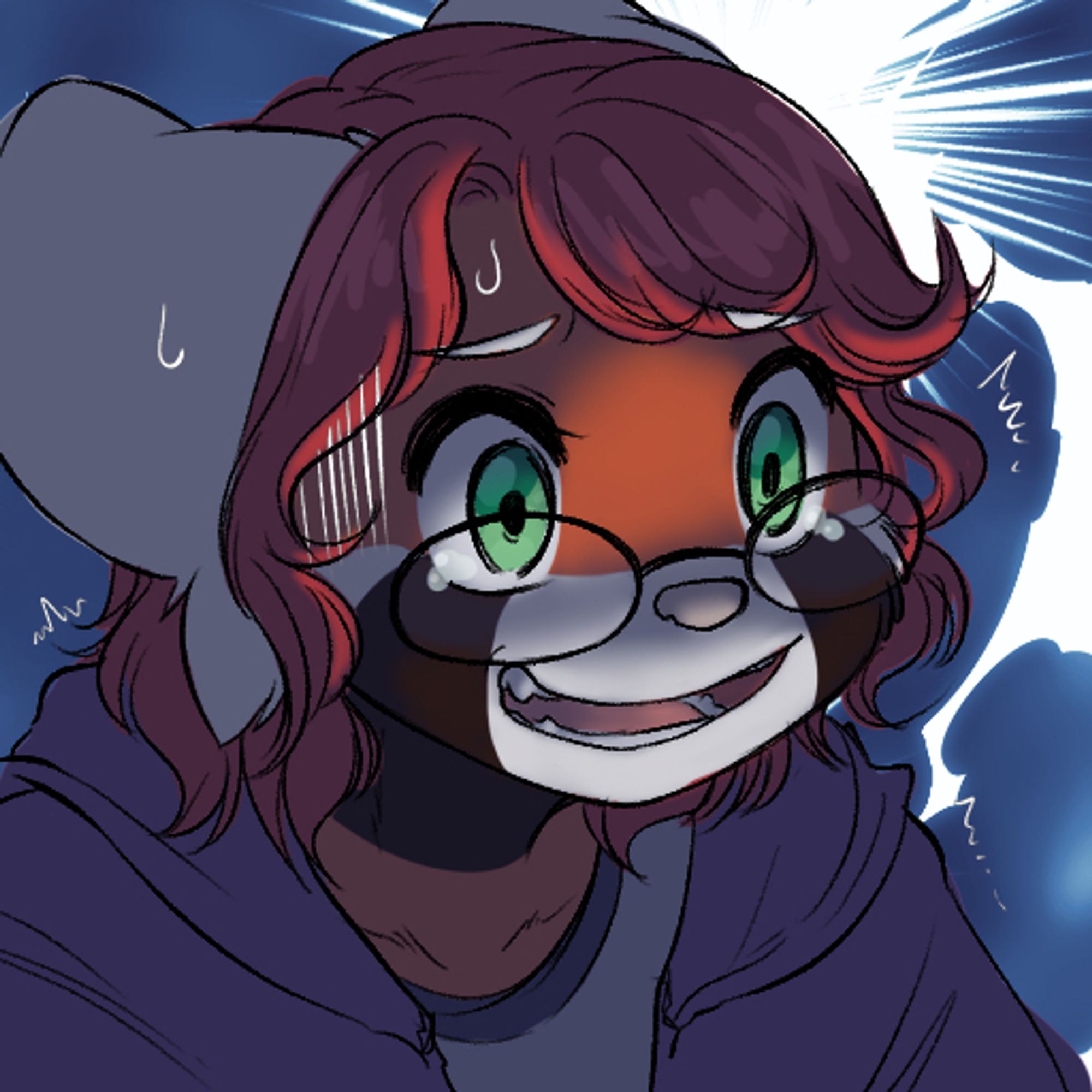 A digital headshot of an anthro red panda, wearing a purple hoodie, shirt and glasses. She looks nervous and frightened, and the lighting is spooky and under-lit on her face.