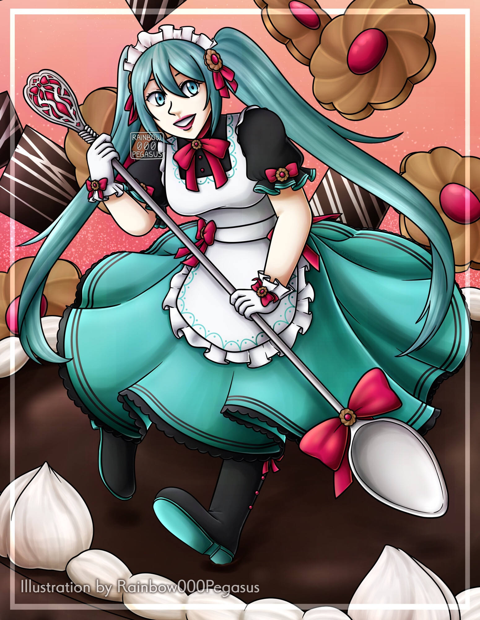 Vocaloid Hatsune Miku in a maid lolita outfit, holding a large spoon on a chocolate cake, biscuits around her.