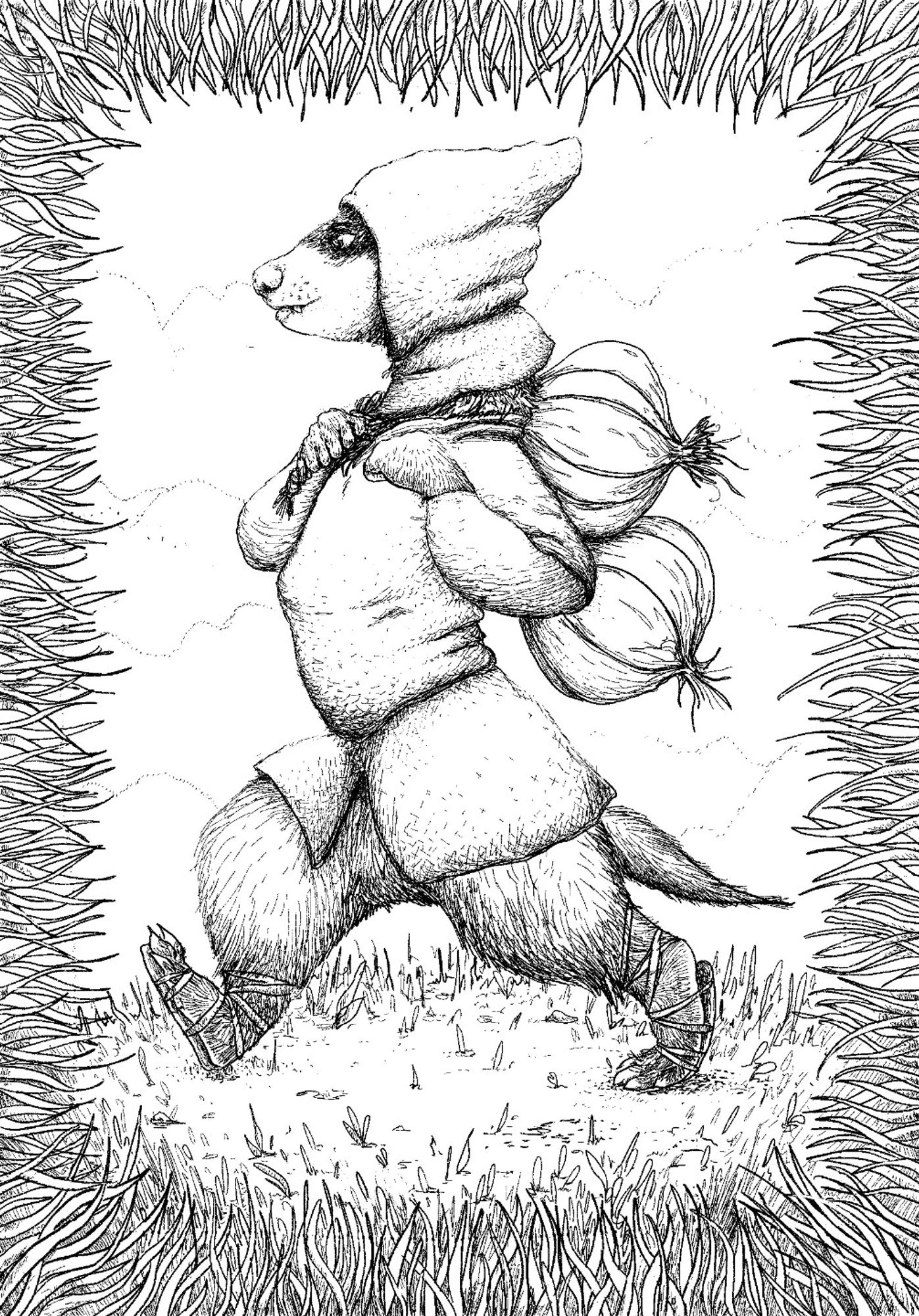 anthropomorphic ferret peasant walking with onions(or possibly garlic) slung on their back