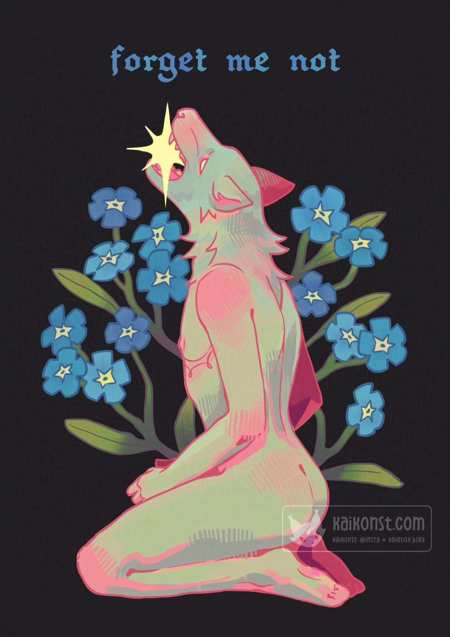 Digital illustration of a person sitting on their knees viewed from the side. Their body is human and has visible top surgery scars indicating they are trans and their head is that of a wolf. The head is tilted up with a large starburst in their mouth and their hands are folded in their lap. The background is dark and behind the person are large forget me not flowers and leaves.