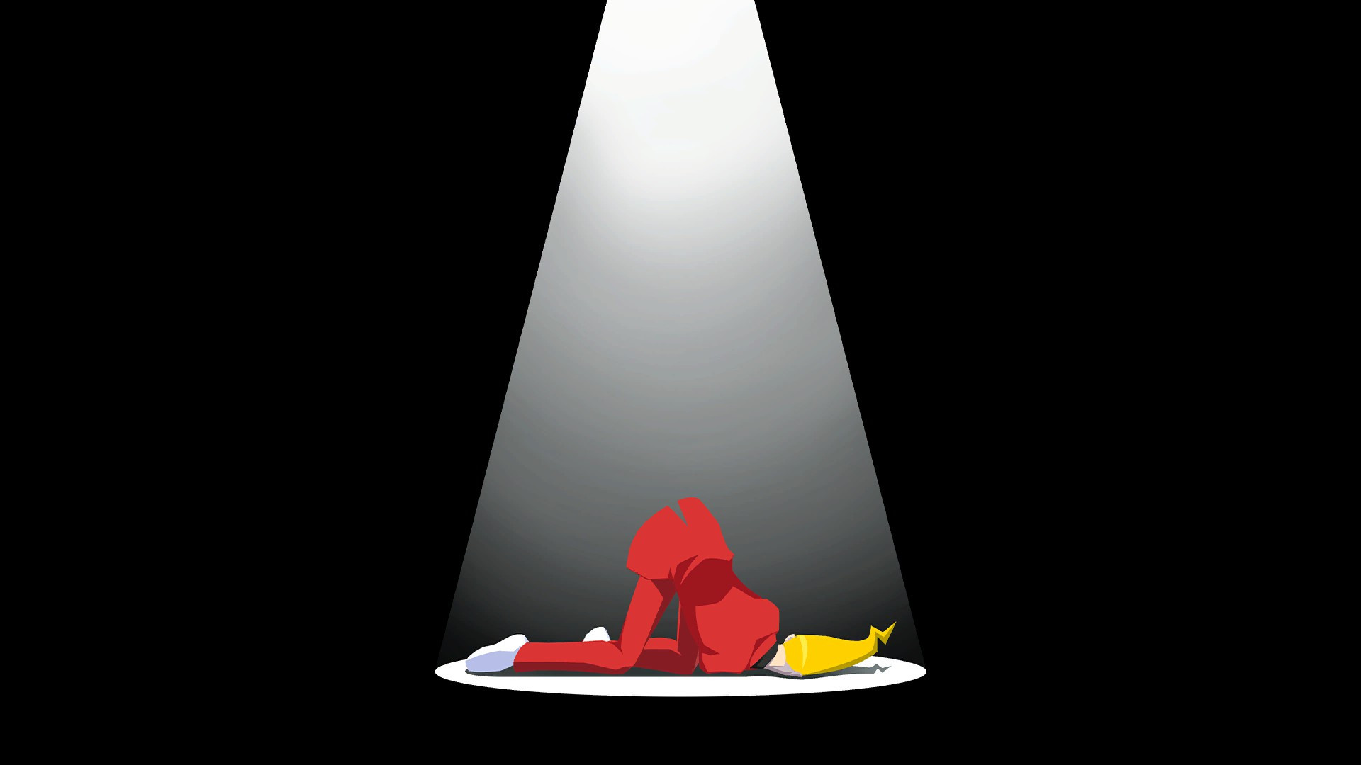 A spotlight on a dead man, ass raised. He's wearing a red suit and his hair is weird and pointy.