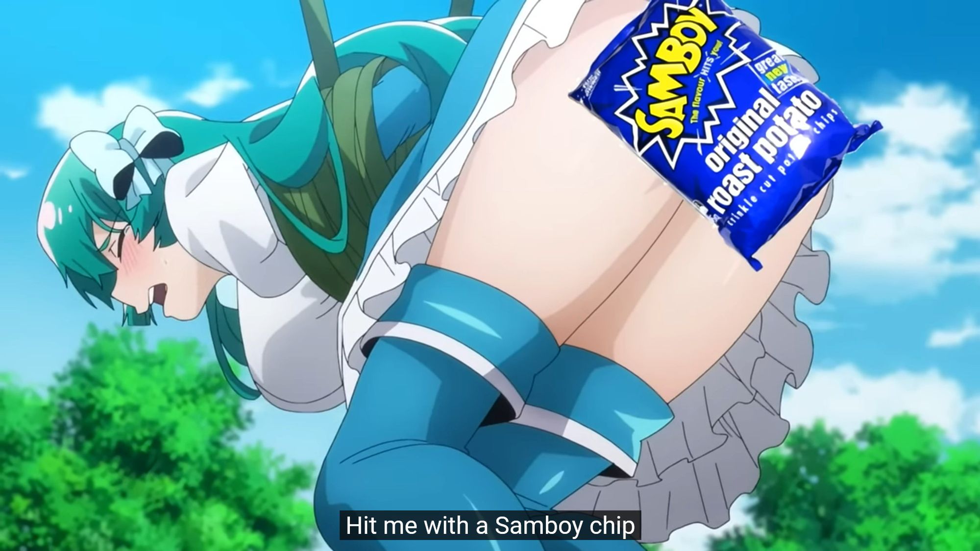 A screenshot of gushing over magical girls: a girl is getting her ass whipped, but her ass is covered by a bag of Samboy Original Roast Potato chips.
"Hit me with a Samboy chip"