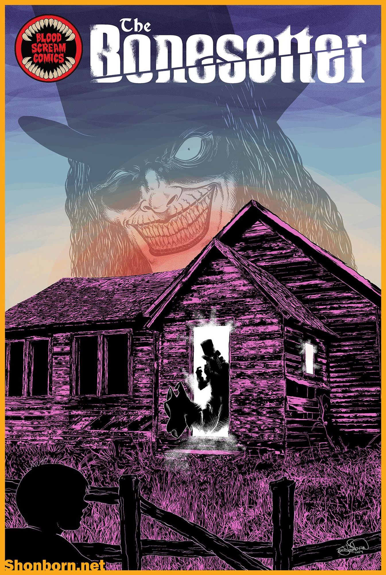 Cover of a comic called "The Bonesetter" in the foreground, a shadowed child looks toward a shabby, broken down cabin, with a cloaked, top-hatted figure beckons him menacingly from the door. Looming over the cabin is the ghostly visage of the leering top-hatted Bonesetter.