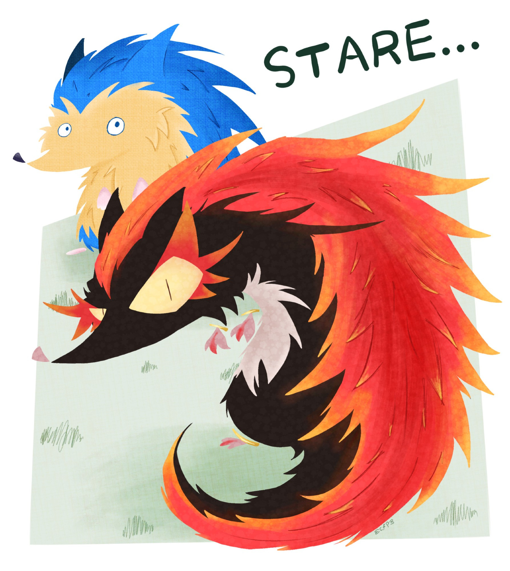 A rendered stylized redraw I drew in June featuring Sonic and Shadow on a patch of grass. Shadow, now an actual hedgehog with bright red spikes contrasts with his dark body, turns his head over to the viewed with a confused expression. Sonic, also now a regular hedgehog, also looks at the viewer with awkward eyes. The text above reads "STARE..."