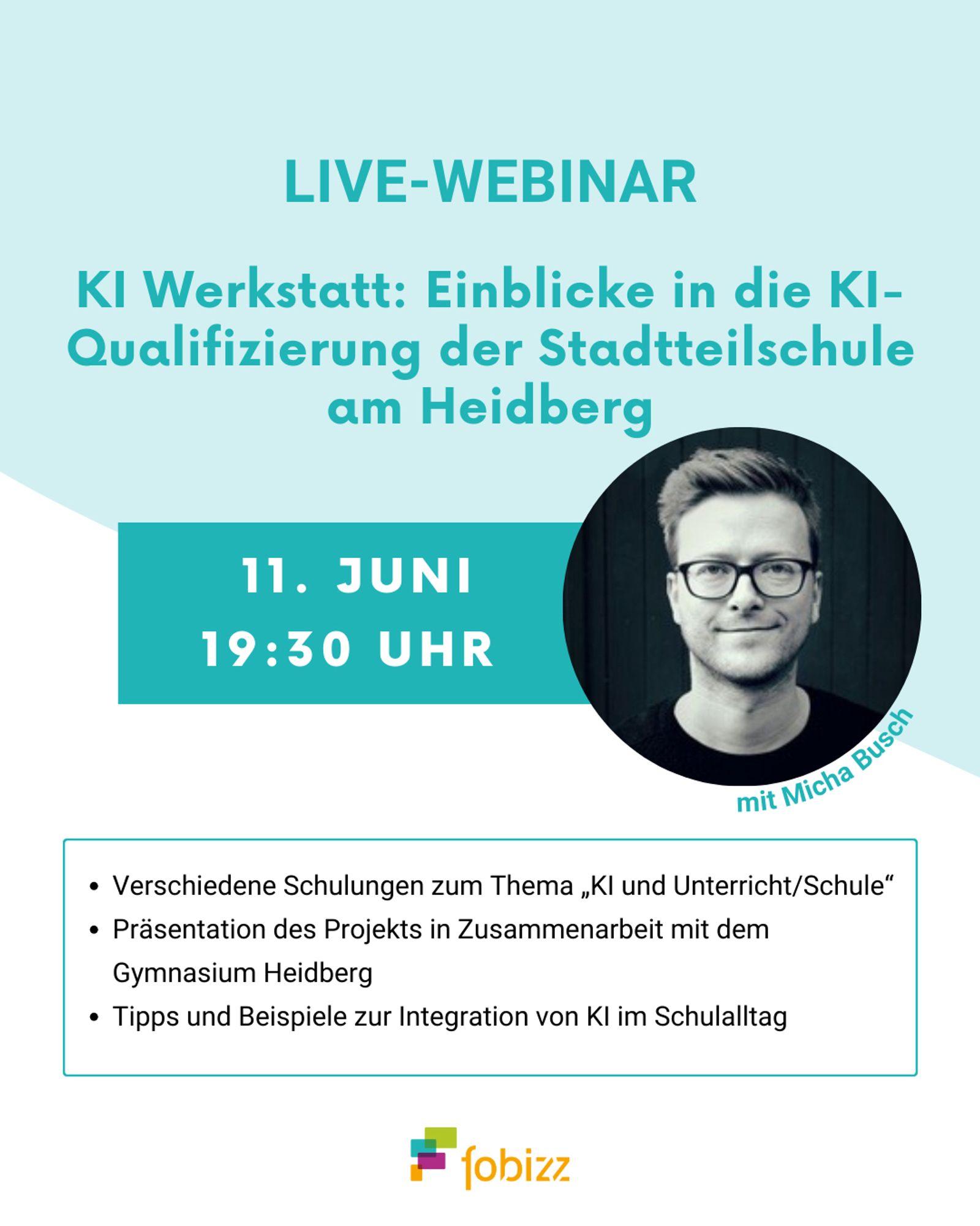 LIVE-WEBINAR
KI Werkstatt: Einblicke in die KI-Qualifizierung der Stadtteilschule am Heidberg
11. JUNI
19:30 UHR
mit Micha Busch
• Verschiedene Schulungen zum Thema „KI und Unterricht/Schule"
• Präsentation des Projekts in Zusammenarbeit mit dem
Gymnasium Heidberg
• Tipps und Beispiele zur Integration von Kl im Schulalltag