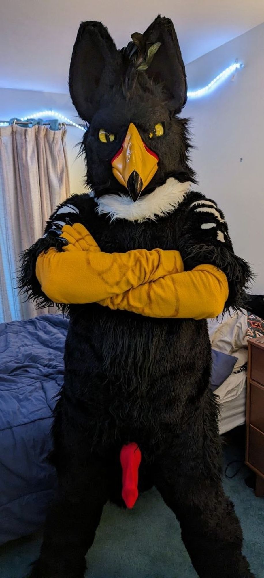 Anthro Gryphon fursuiter standing with arms folded wearing a big cocksheath. Looking like a big predator bird ready to fuck.