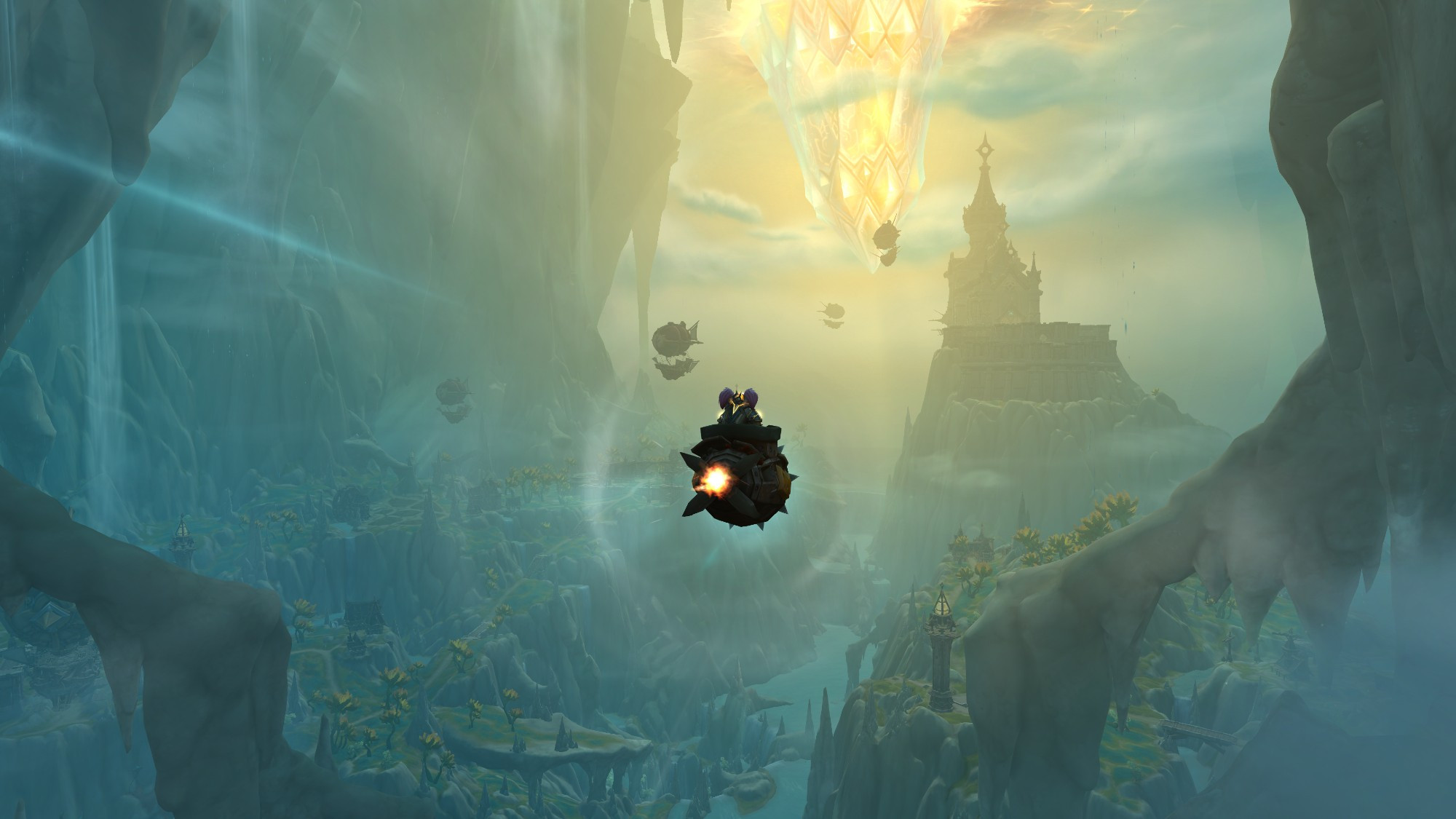 A gnome flying through an underground area with a giant crystal in the background