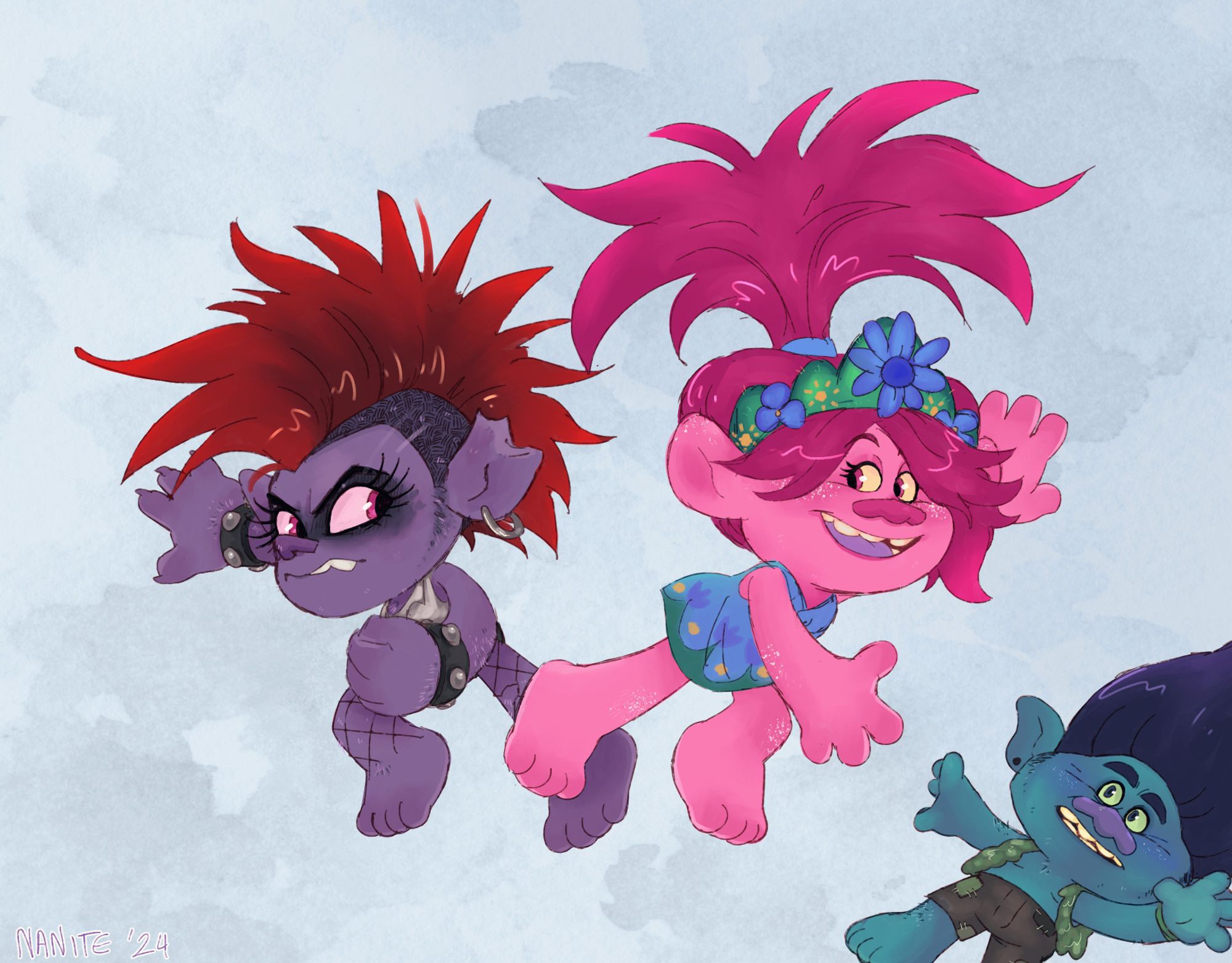 parody art of poppy, barb, and branch from trolls, mirroring the sonic x shadow generations pose. art by nanite 🎨