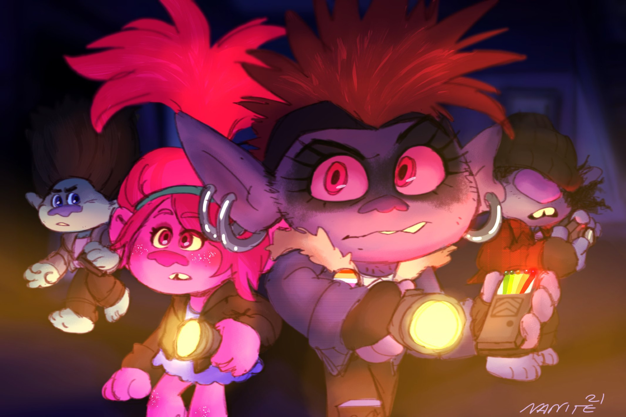 Trolls characters as a group of paranormal investigators. From left to right, Branch, Poppy, Barb, and Riff endure the night. Barb is at the front with Poppy not far behind her. Both are holding flashlights. Barb is also holding an Electromagnetic Frequency detector. Branch is in the back of the group, holding a recording device, and Riff is holding a portable camera. Art by nanite 🎨 