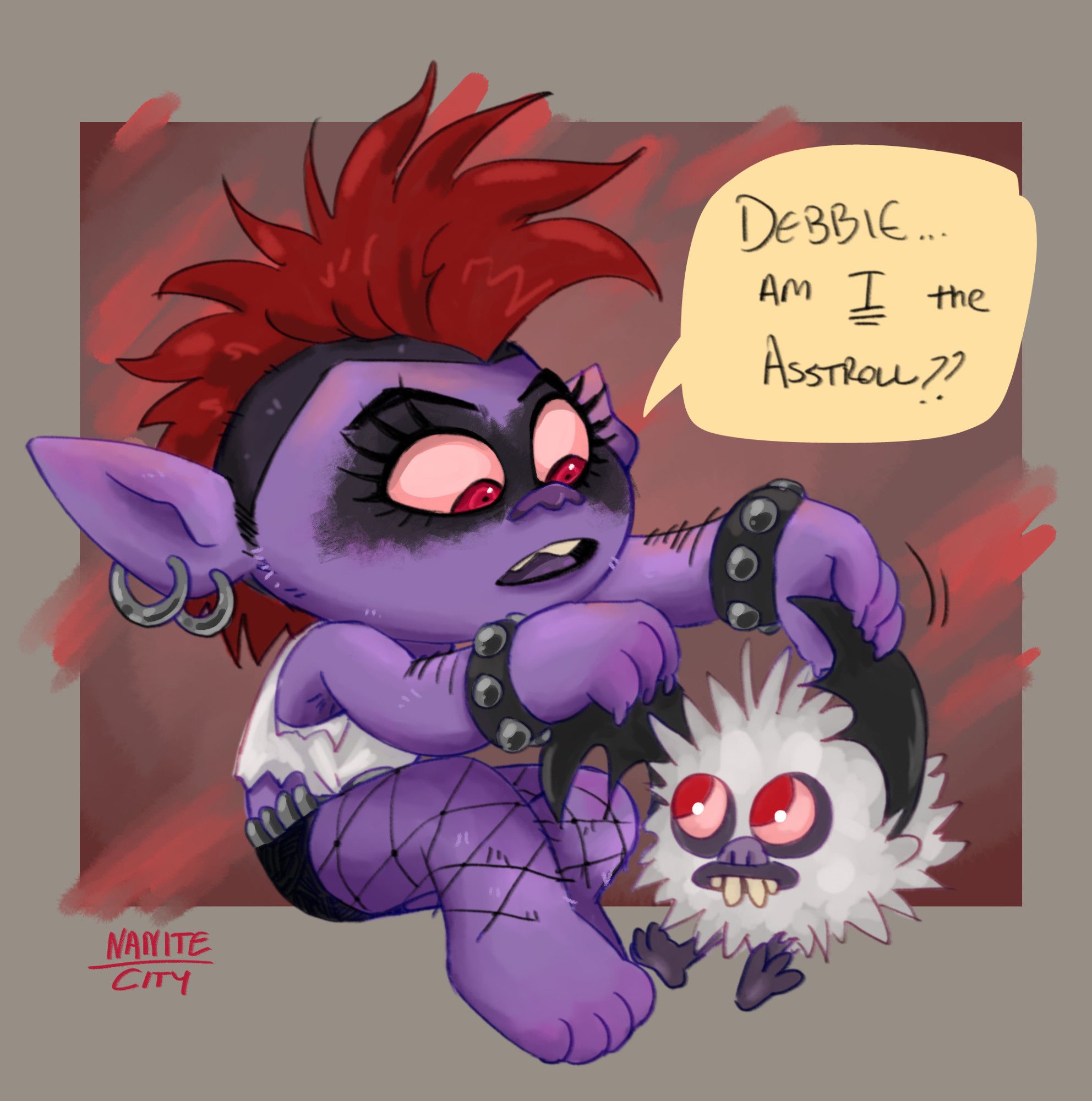 art of queen barb from trolls world tour playing with her pet bat debbie's wings. she's thoughtfully looking at Debbie and asking "Debbie...Am I the asstroll??". with emphasis on "I". Debbie is staring up at her with an expression that screams "yes". art by nanite 🎨