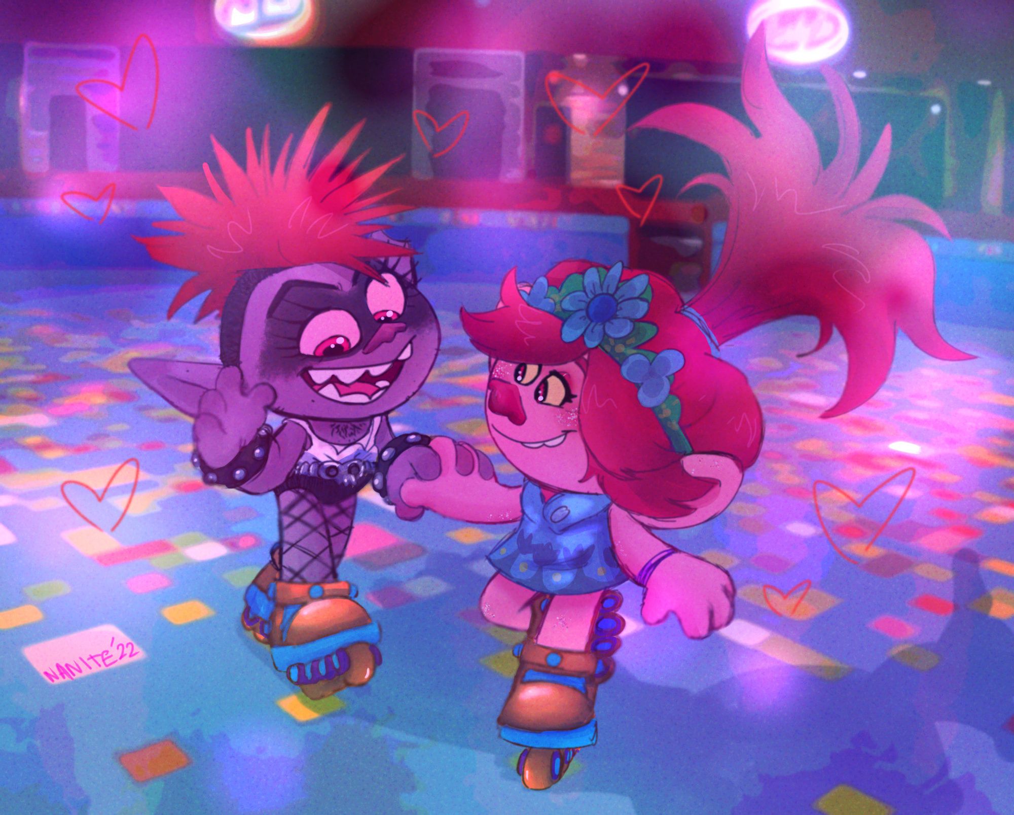 Poppy and Barb from trolls roller skating. Poppy is holding barbs hand and leading her through the rink. They both look like theyre having fun. Art by nanite 🎨