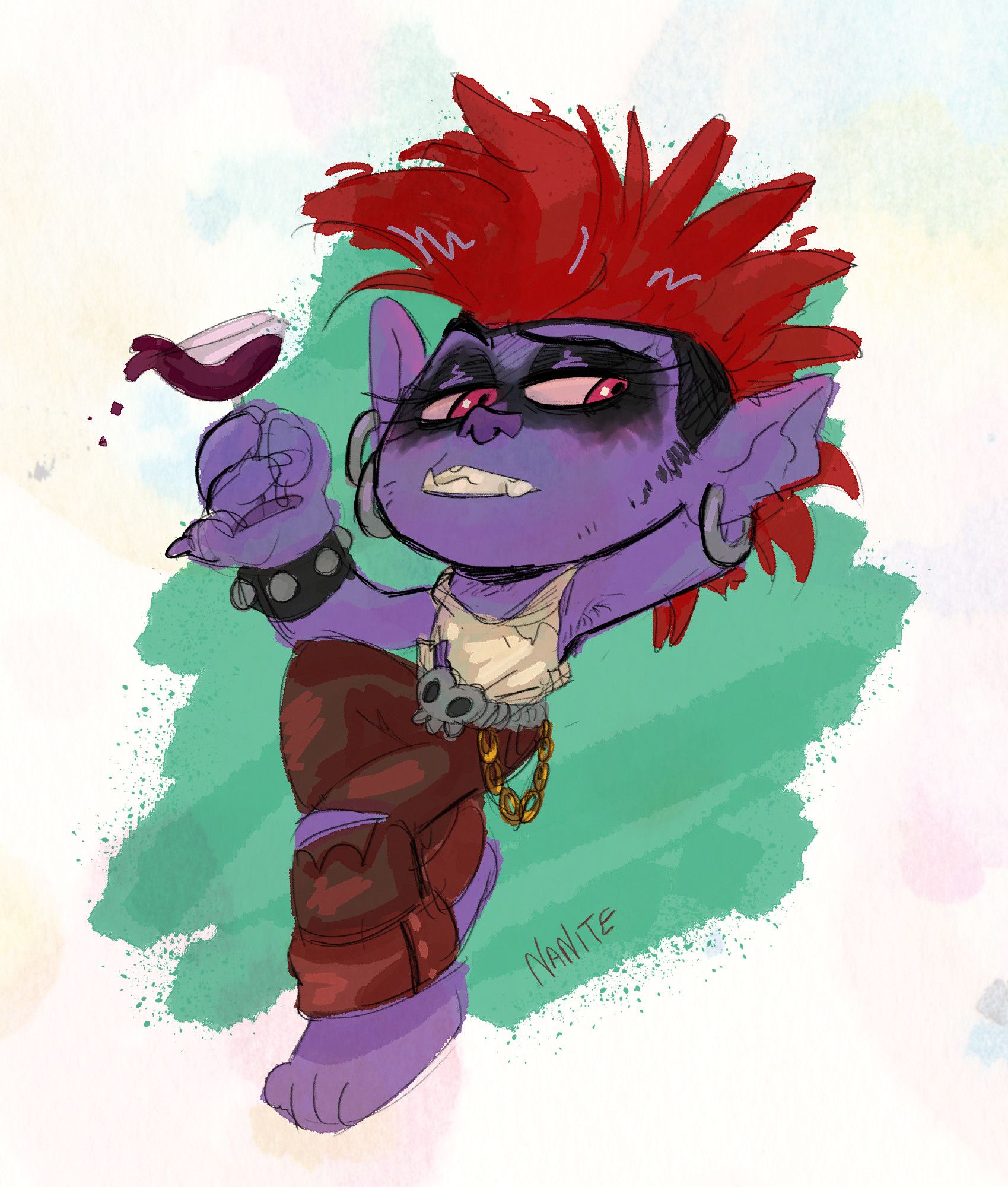 queen barb from trolls world tour. she's sloshing around a wine glass and looking at the viewer with her other hand behind her head. she's in a floating relaxed pose. she looks a little nasty bc the artist likes women that look a little nasty. okay. art by nanite 🎨