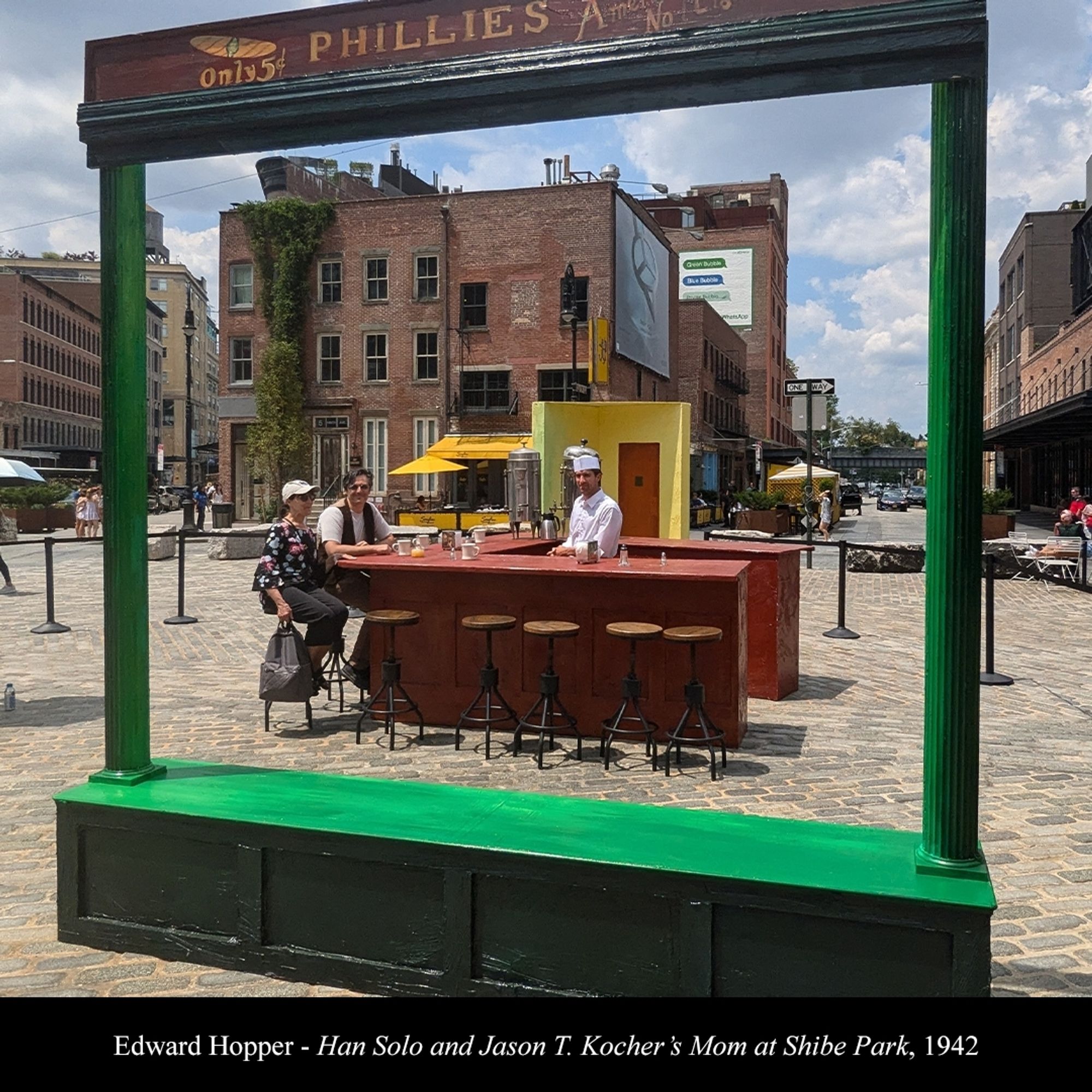 A reimagining of Edward Hopper's Nighthawks at Gansevoort Plaza, mistaking myself for Han Solo and the location for the stadium that the 1942 Phillies played in.