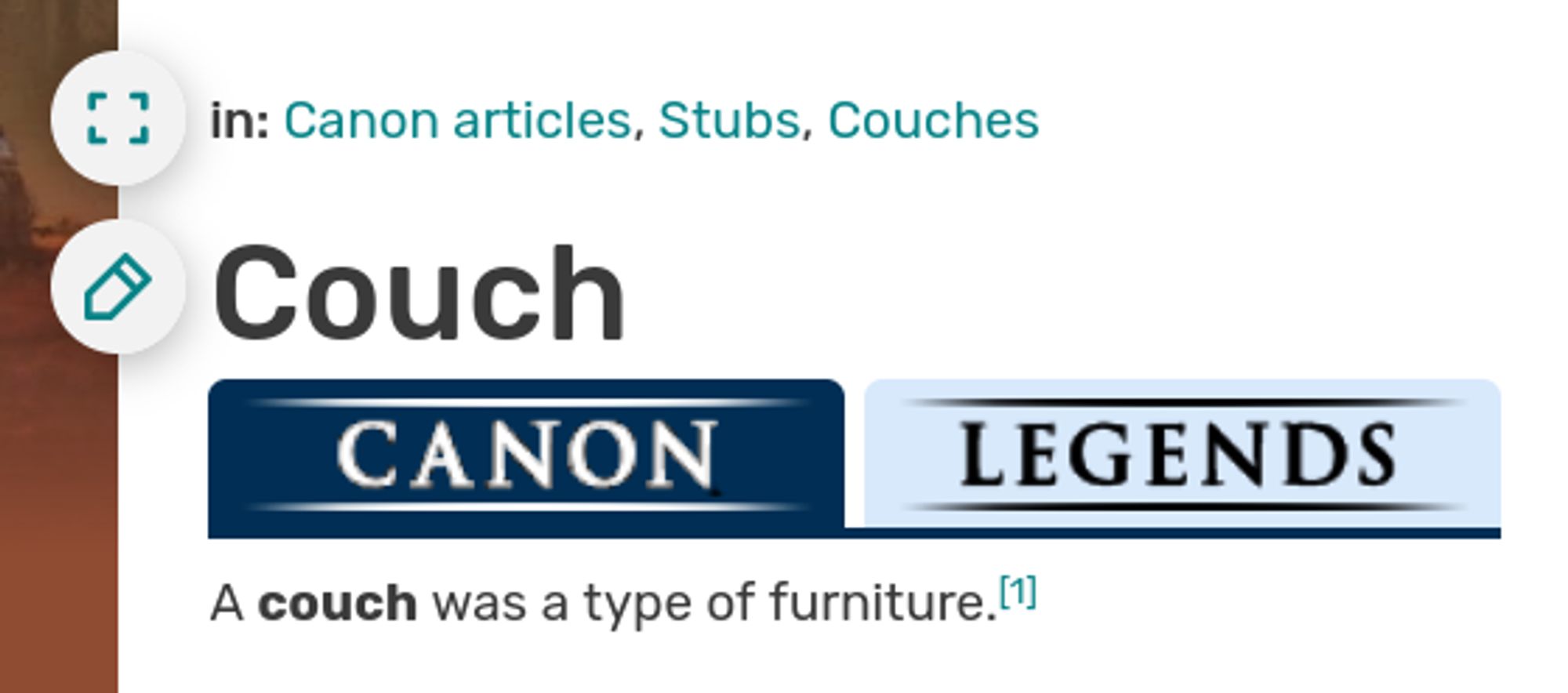 Screenshot of wookiepedia, 'couch' entry. Description: "Couch was a type of furniture"