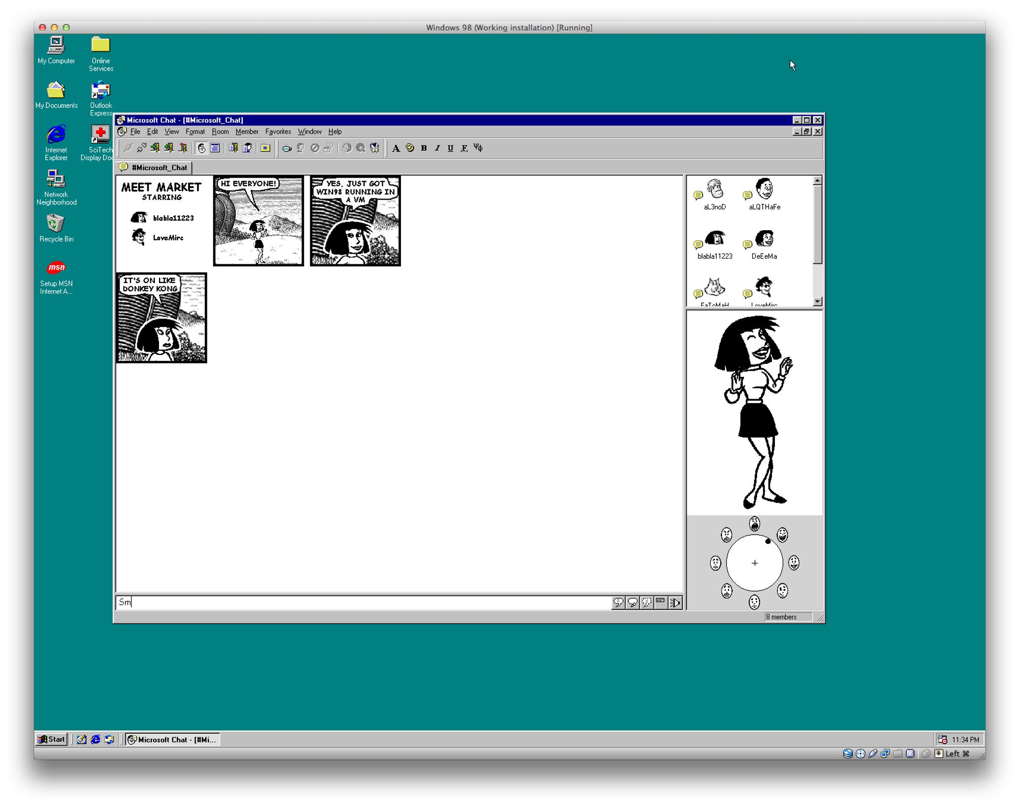 Screenshot of Windows 98 running the Comic Chat IRC client