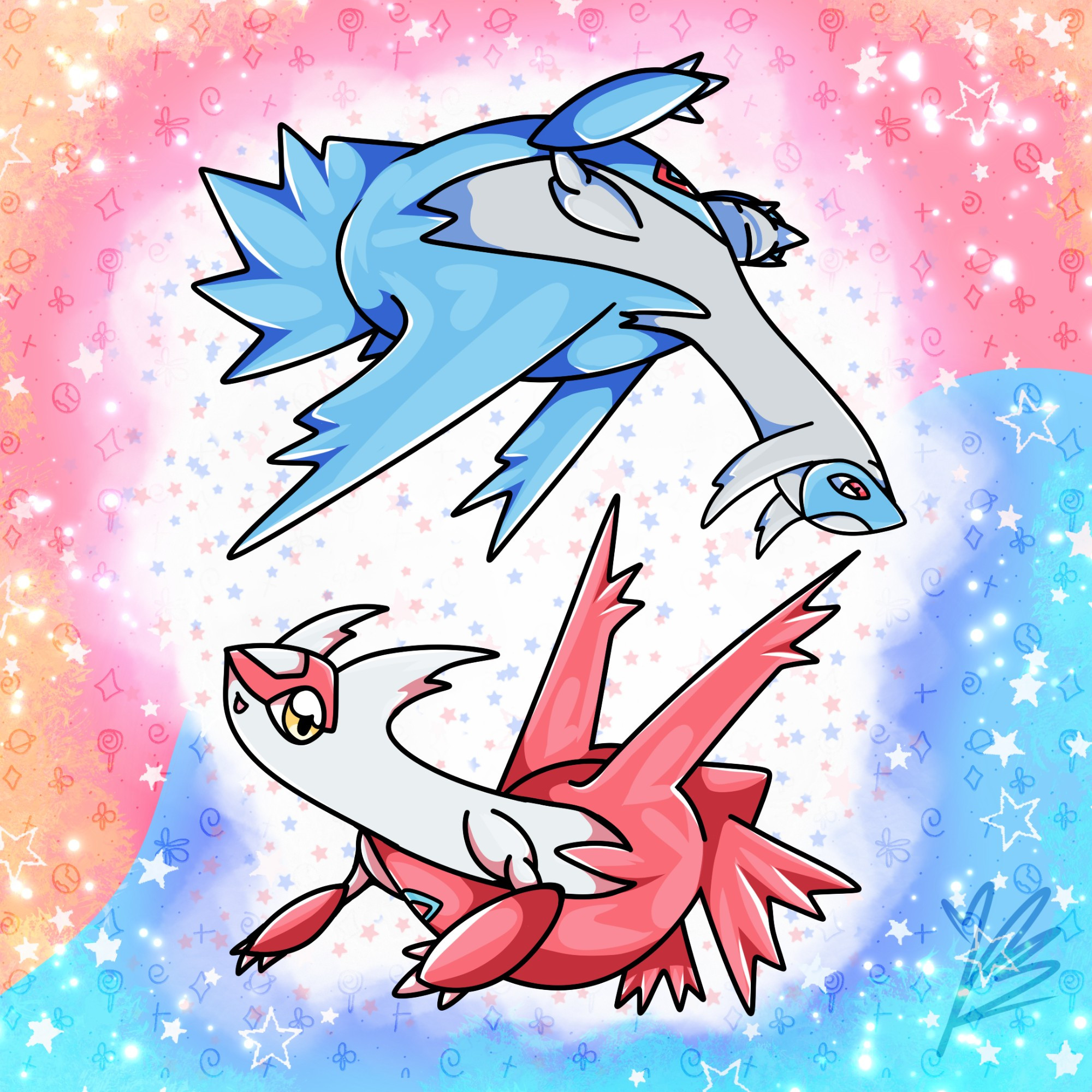 Drawing of Pokemon Latios and Latias. The drawing can be flipped upside down because Latios is upside down above Latias in the picture.