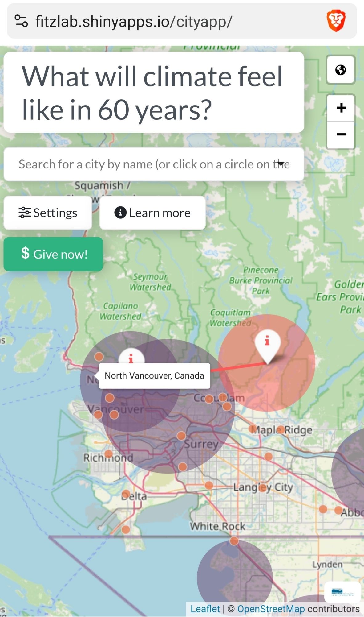 A map showing what climate will feel like in 60 years in Vancouver, Canada. Thankfully, not much different, unlike most places.