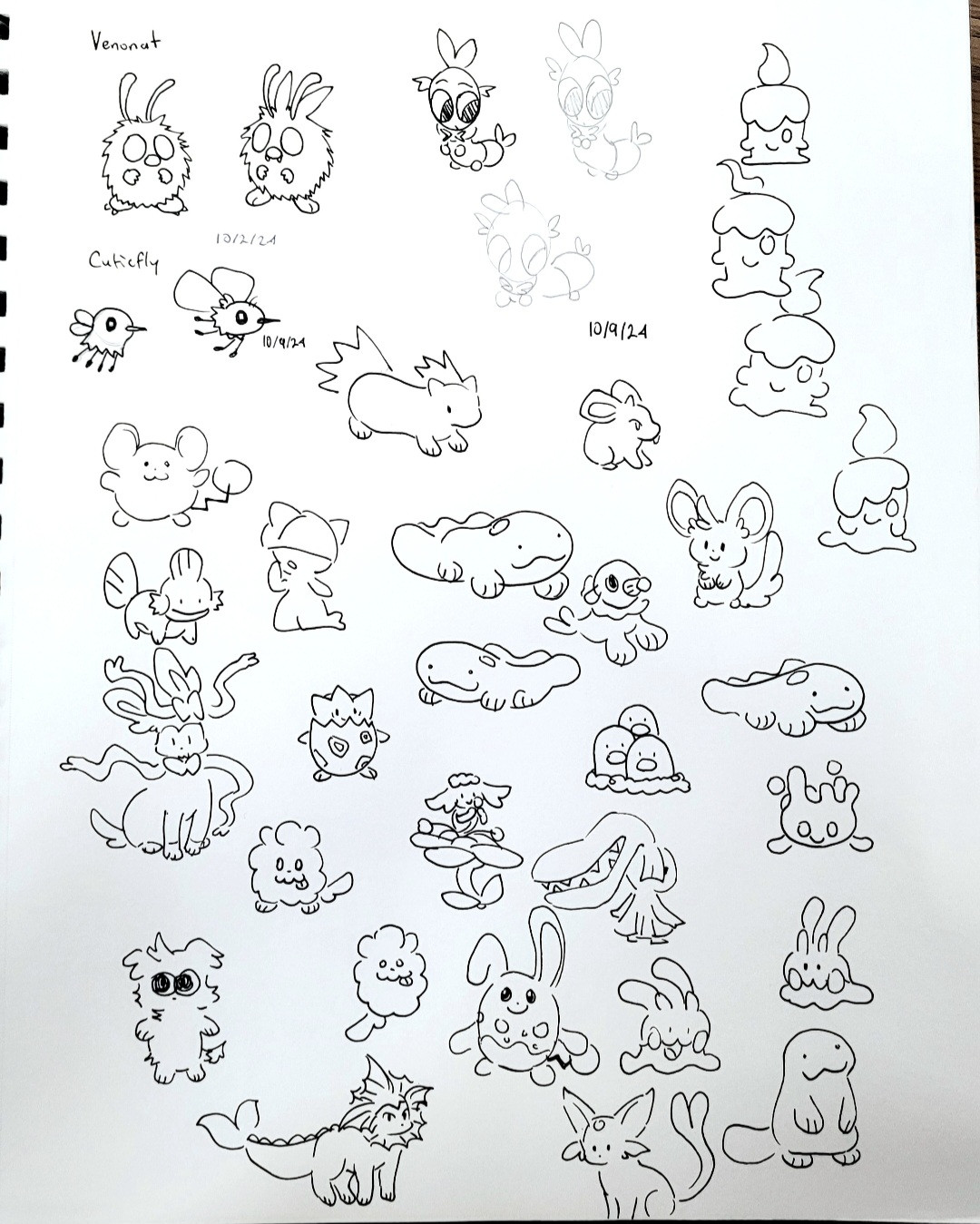 sketchbook page filled with various pokemon. it includes: venonat, blipbug, litwick, cutiefly, quilava, nidoran, marill, mudkip, ralts, clodsire, popplio, minccino, sylveon, togepi, swirlix, flabebe, dugtrio, milcery, espurr, mawile, azumarill, goomy, vaporeon, espeon, and quagsire.