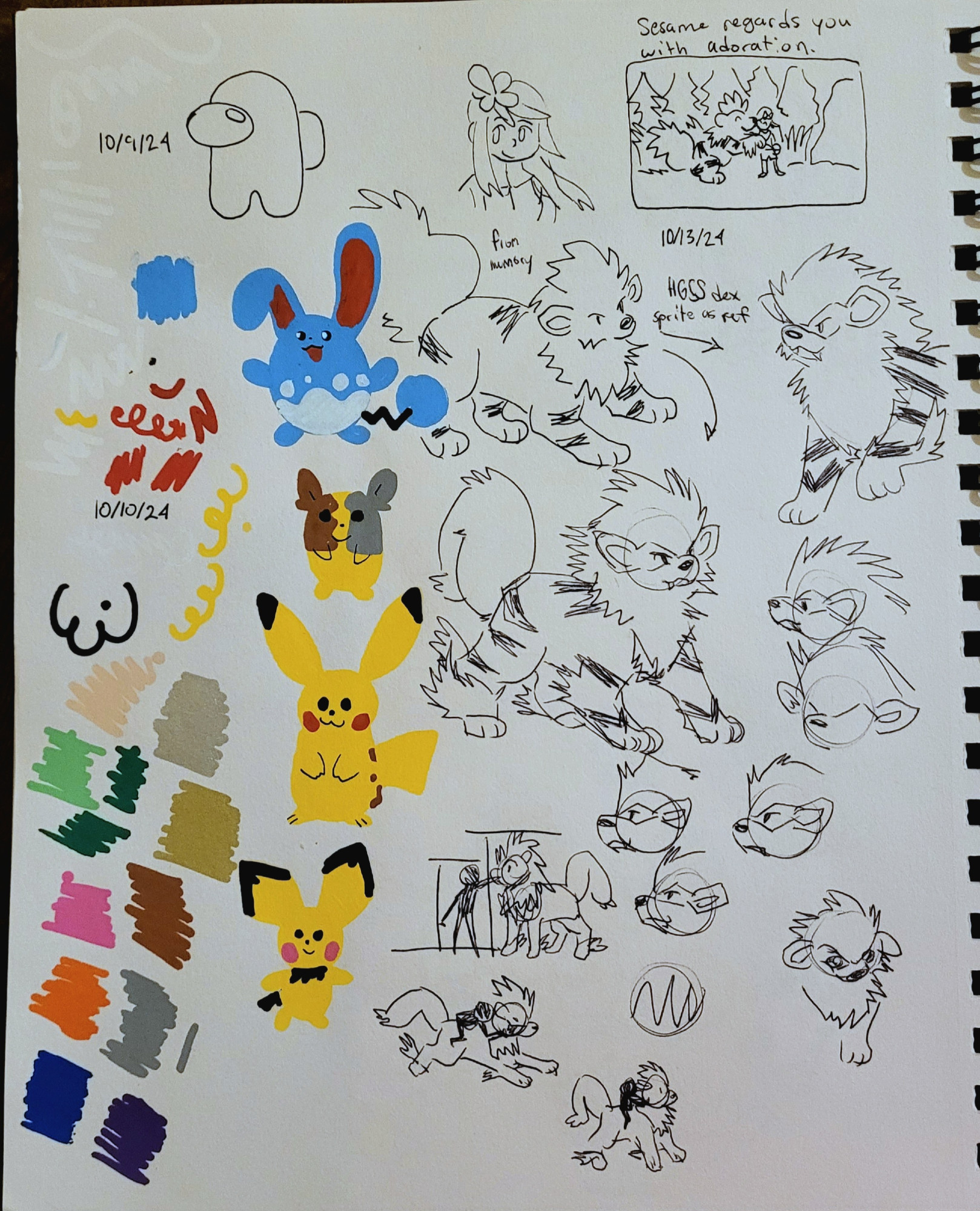 sketchbook page. on one side of the page are color splotches from markers, and there's a colored azumarill, morpeko, pikachu, and pichu. on the other side of the page are various sketches of arcanine done in different angles and poses.