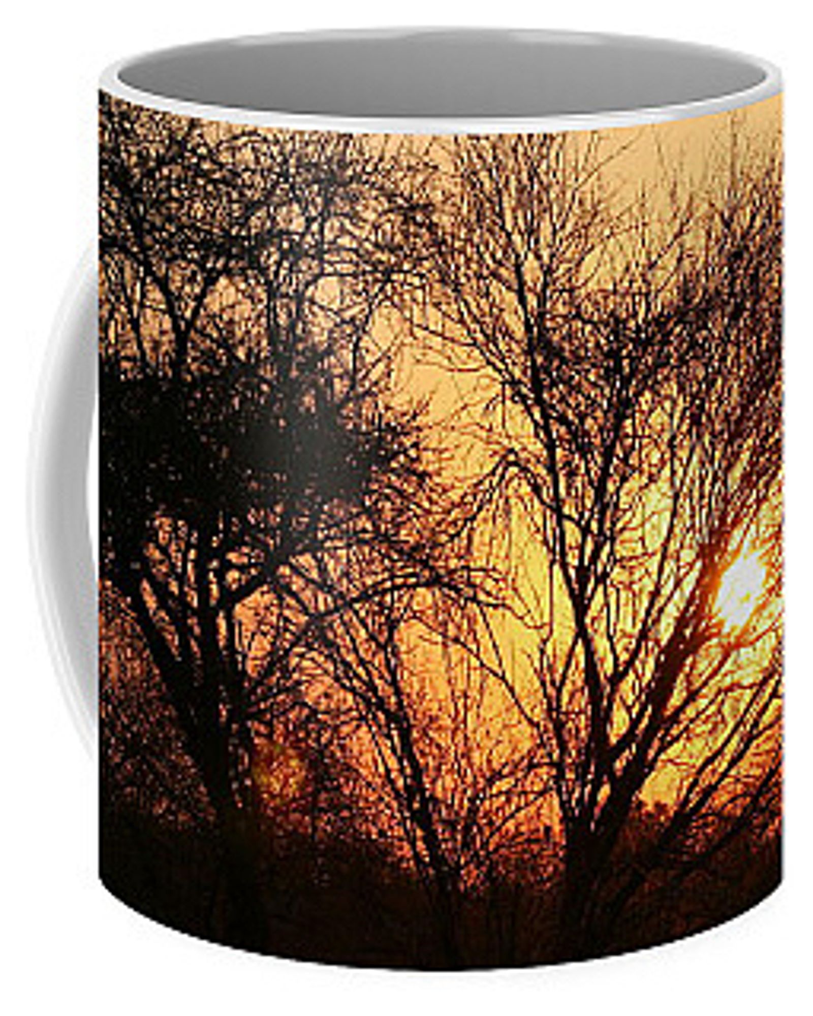 Sunset depicted on a Coffee Mug. Orange colours are prevailent as a background tone against black silhoetted African Bushveld trees.