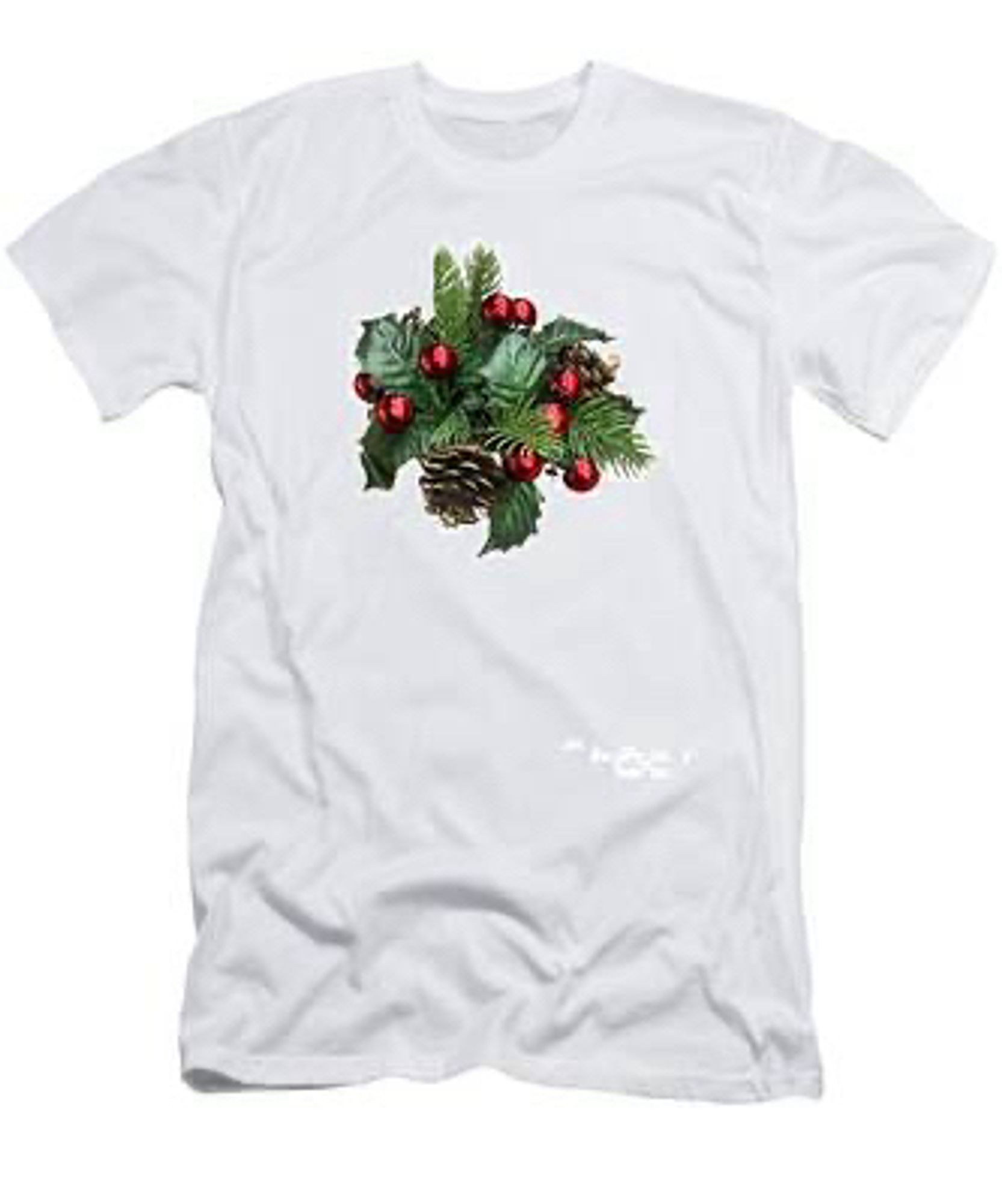 White T shirt with festive decoration printed onto it.