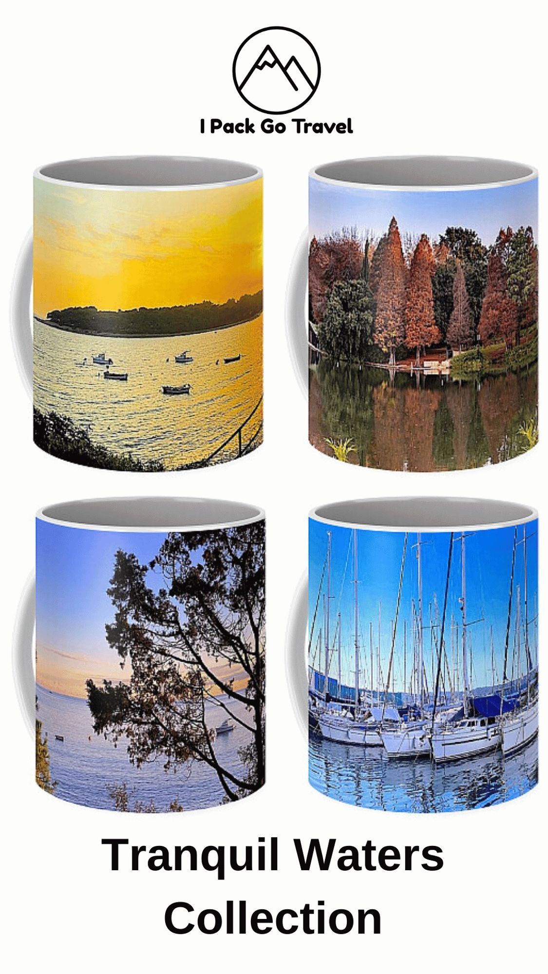 A collection of Coffee Mugs projecting a theme of Tranquil Waters.