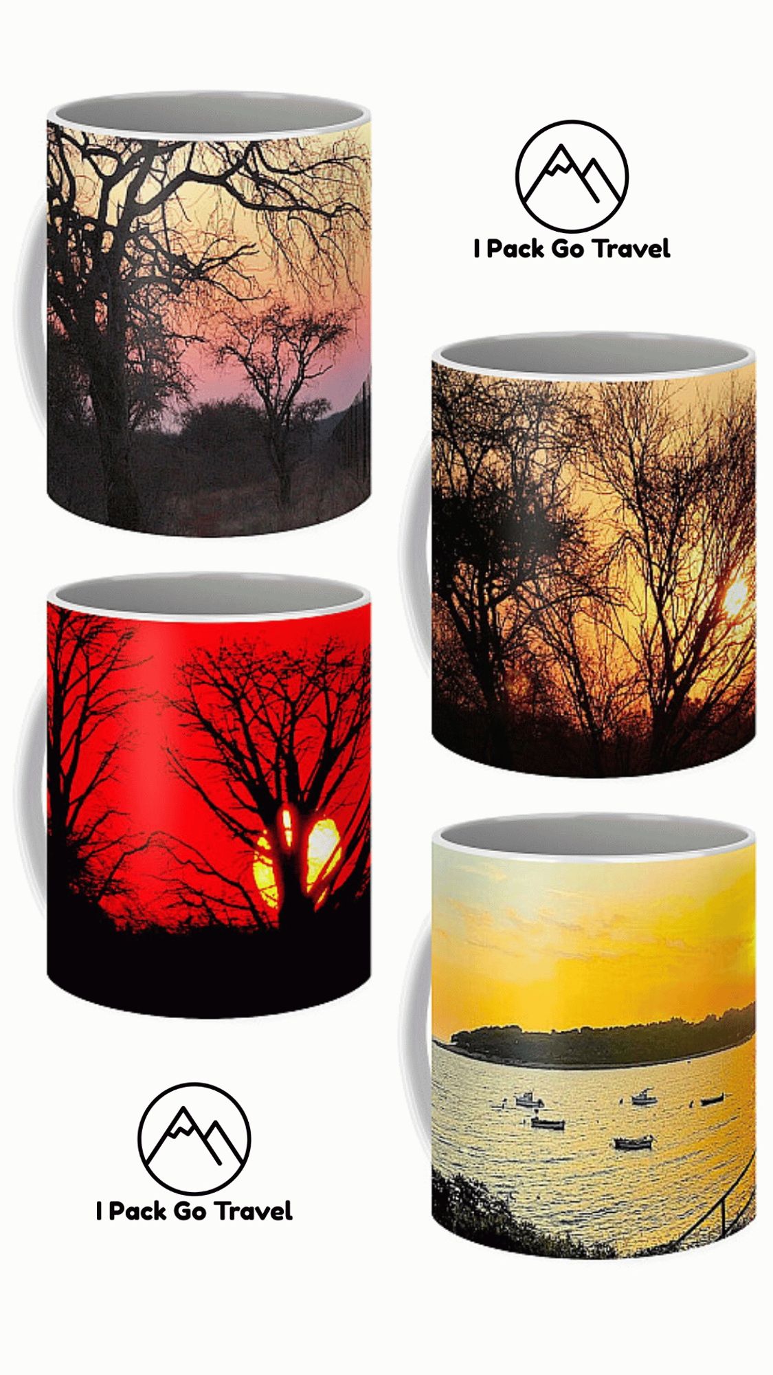 4 coffee mugs depicting a subset and sunrise theme.