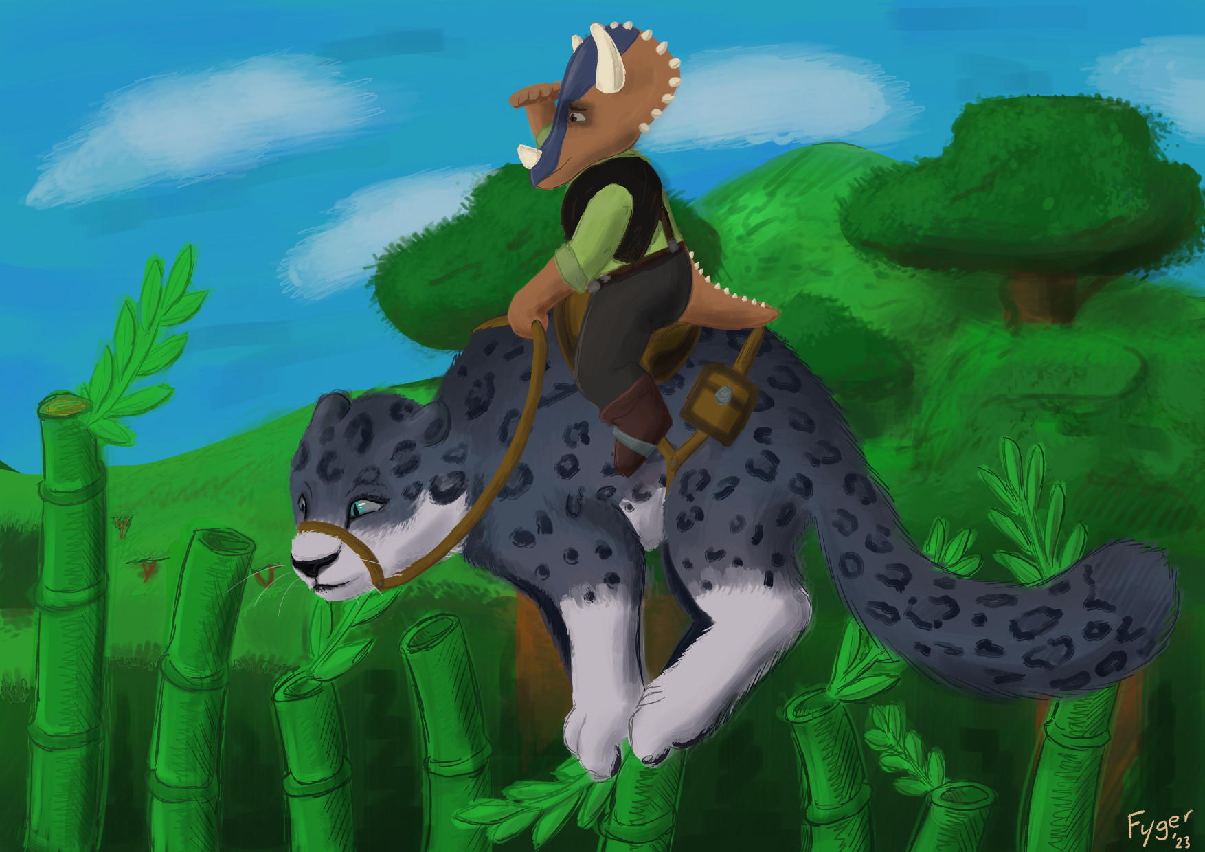 a digital drawing in a semi-painterly style depicting a green hill and trees in the background with a blue sparsely cloudy sky. In the foreground a collection of bamboo shoots are peaking up from the bottom of the screen. Balancing on one is a large snow leopard mount wearing a saddle and harness. Atop the snow leopard is an anthropomorphic triceratops wearing a green tunic and pants with overalls. A hand is raised to provide shade as they look out ahead trying to find the path they were following.