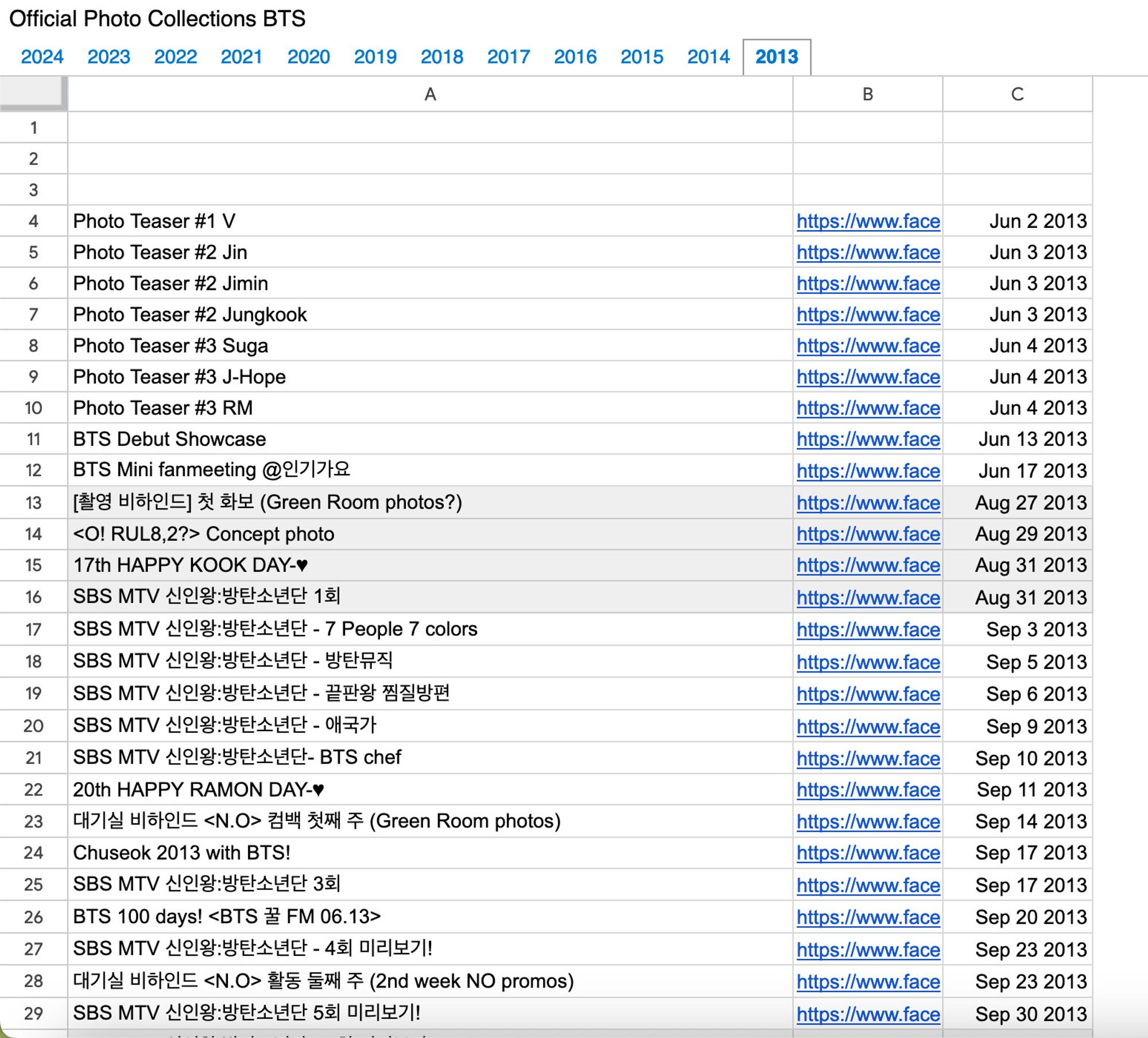 Schreenshot of a Google document with links to all ooficial BTS photo albums