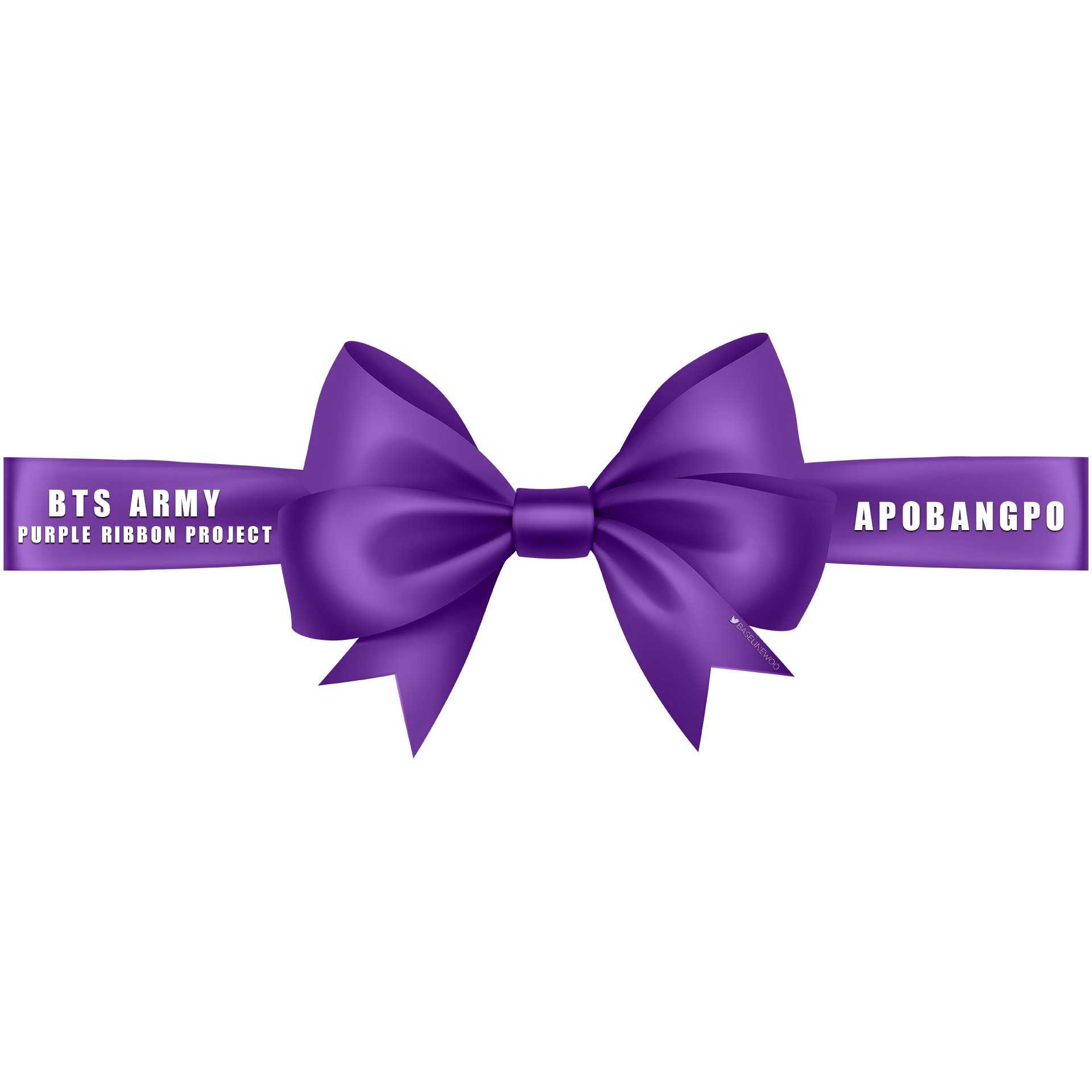 Purple ribbon on white background with white text on the ribbon: BTS ARMY Purple Ribbon Project, APOBANGPO