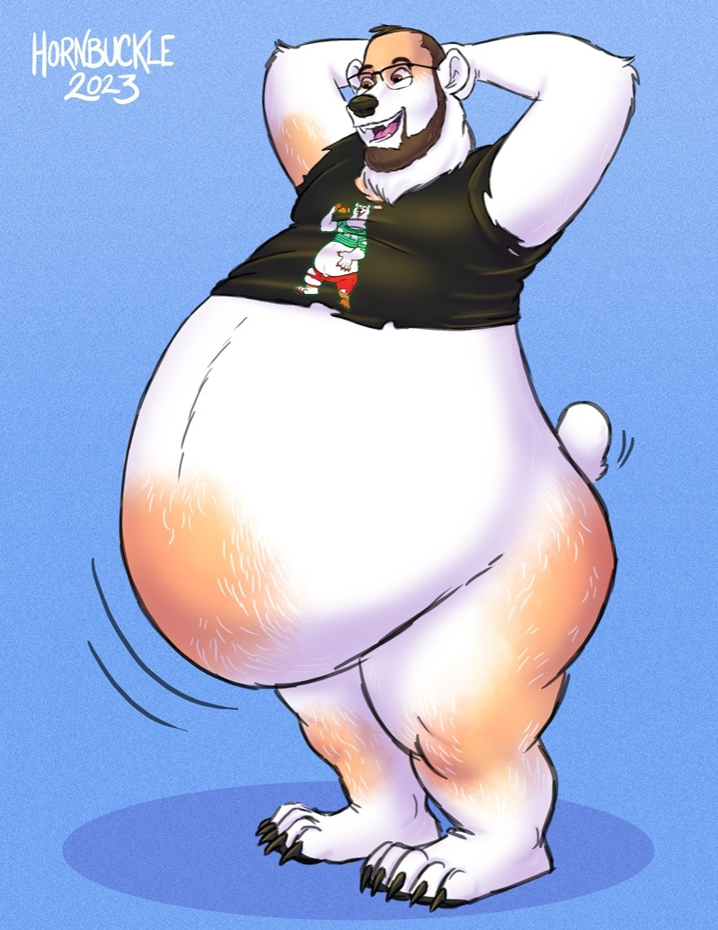 Myself partway thru transforming into a fatass anthro polar bear, wearing only merch I got from Hornbuckle's Threads shop.