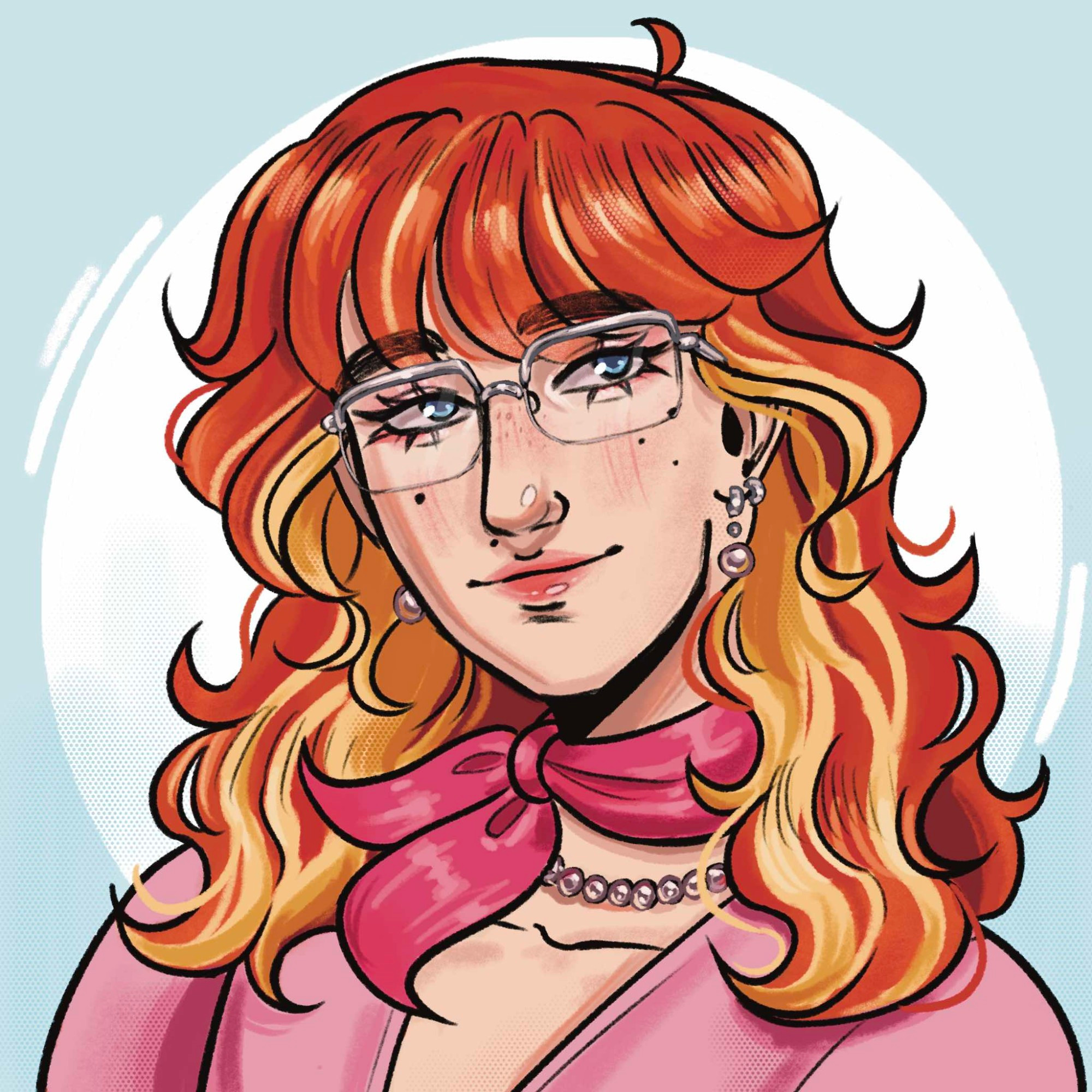 stylized digital art of a red and blonde haired character with blue eyes and pink clothes