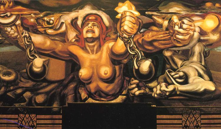 View of a mural depicting Democracy breaking her chains