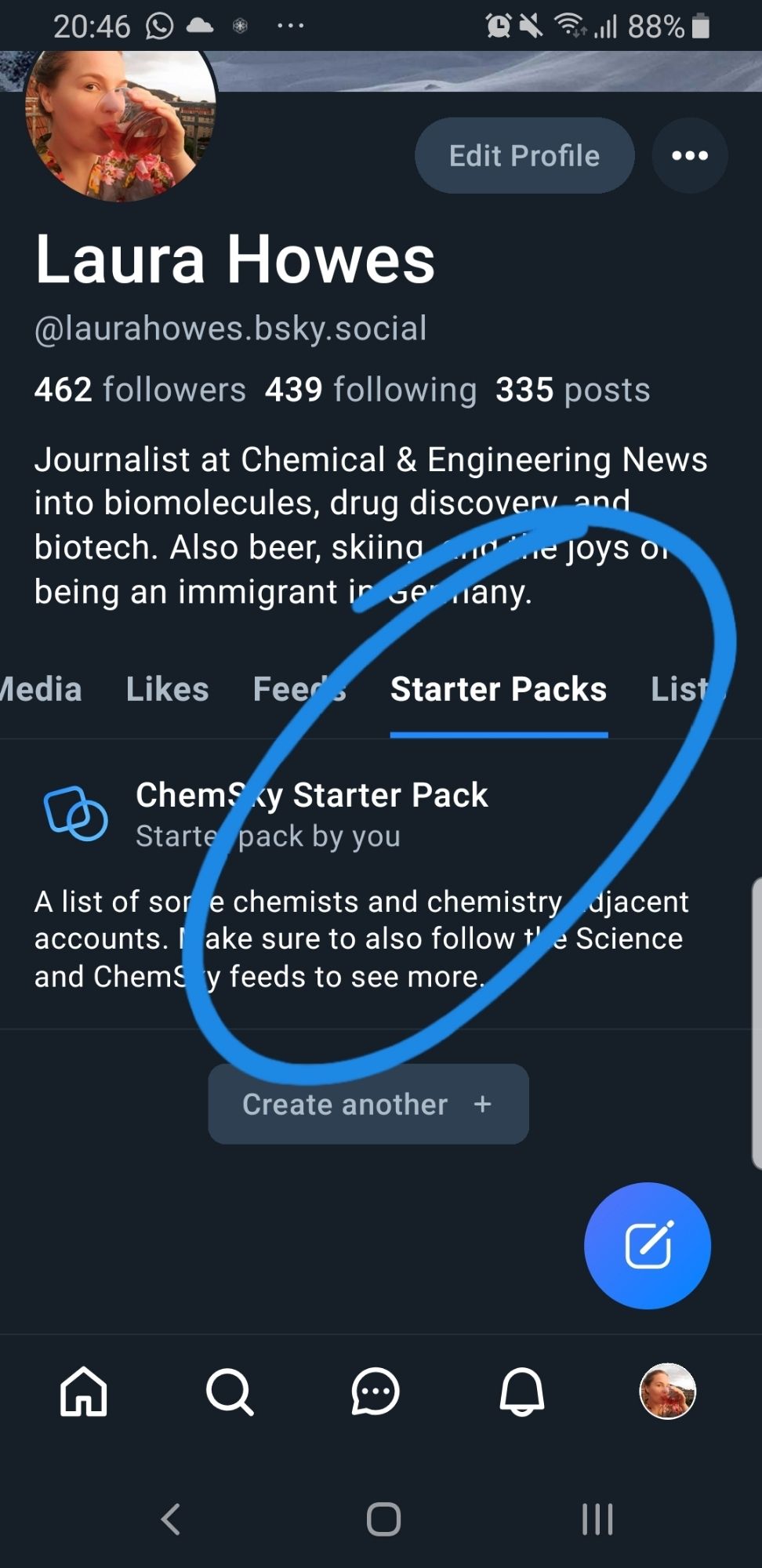 A screen shot of my BlueSky profile page with the Starter Packs tab circled in blue