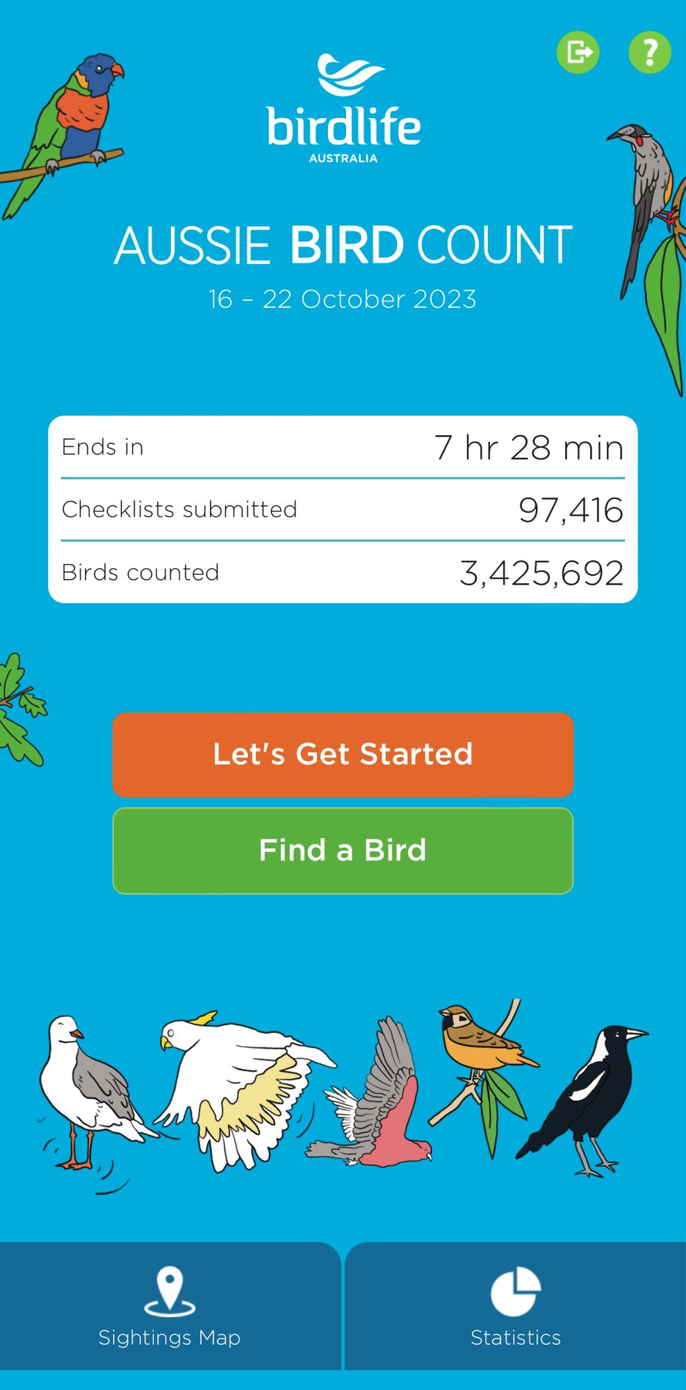 Screenshot from a mobile phone showing the Aussie Bird Count app and that the count ends in 7.5 hours, 97,416 checklists submitted and almost 3.5 million birds counted so far