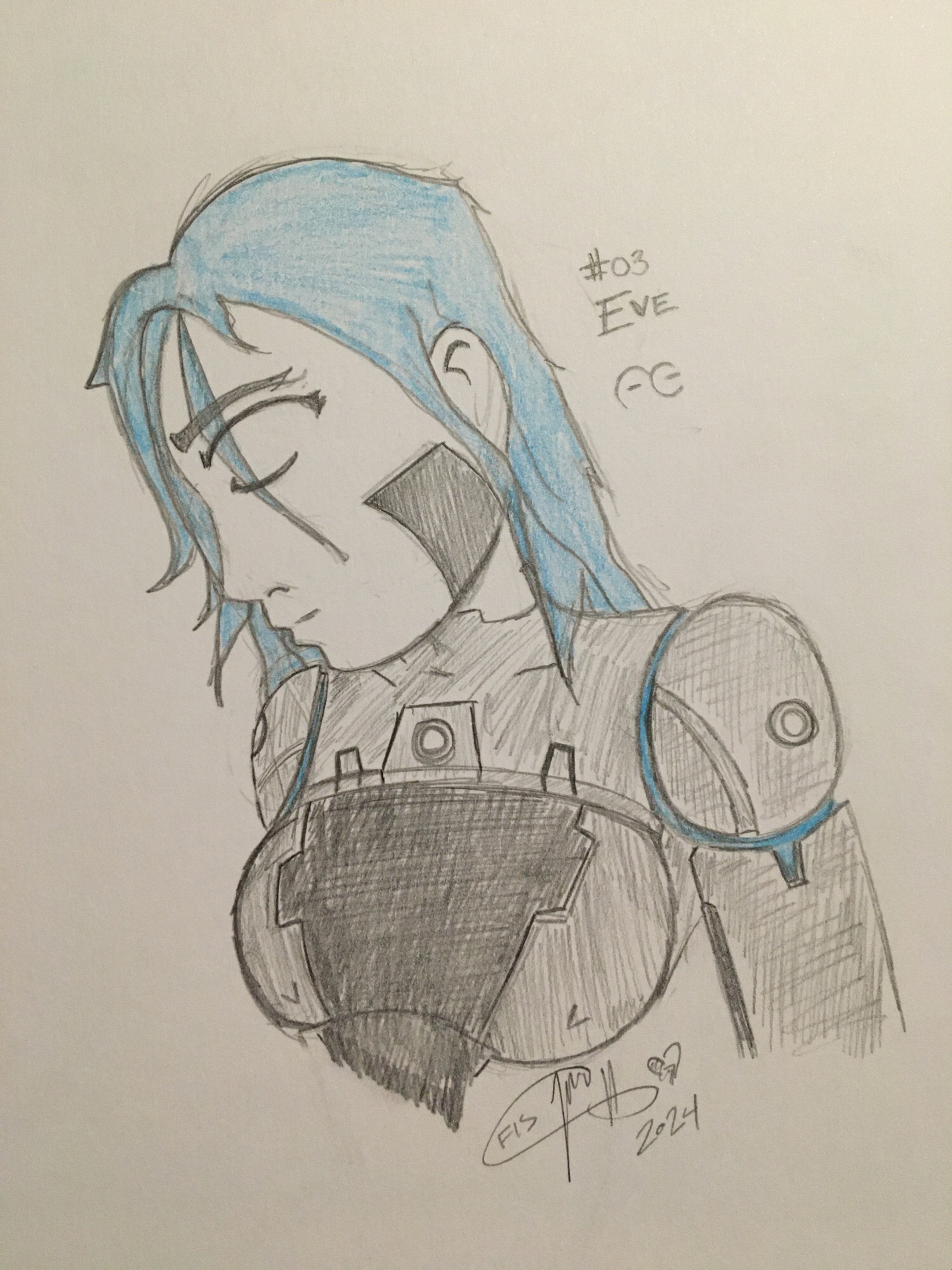 A traditional sketch of Eve, a character from the webcomic Applegeeks.