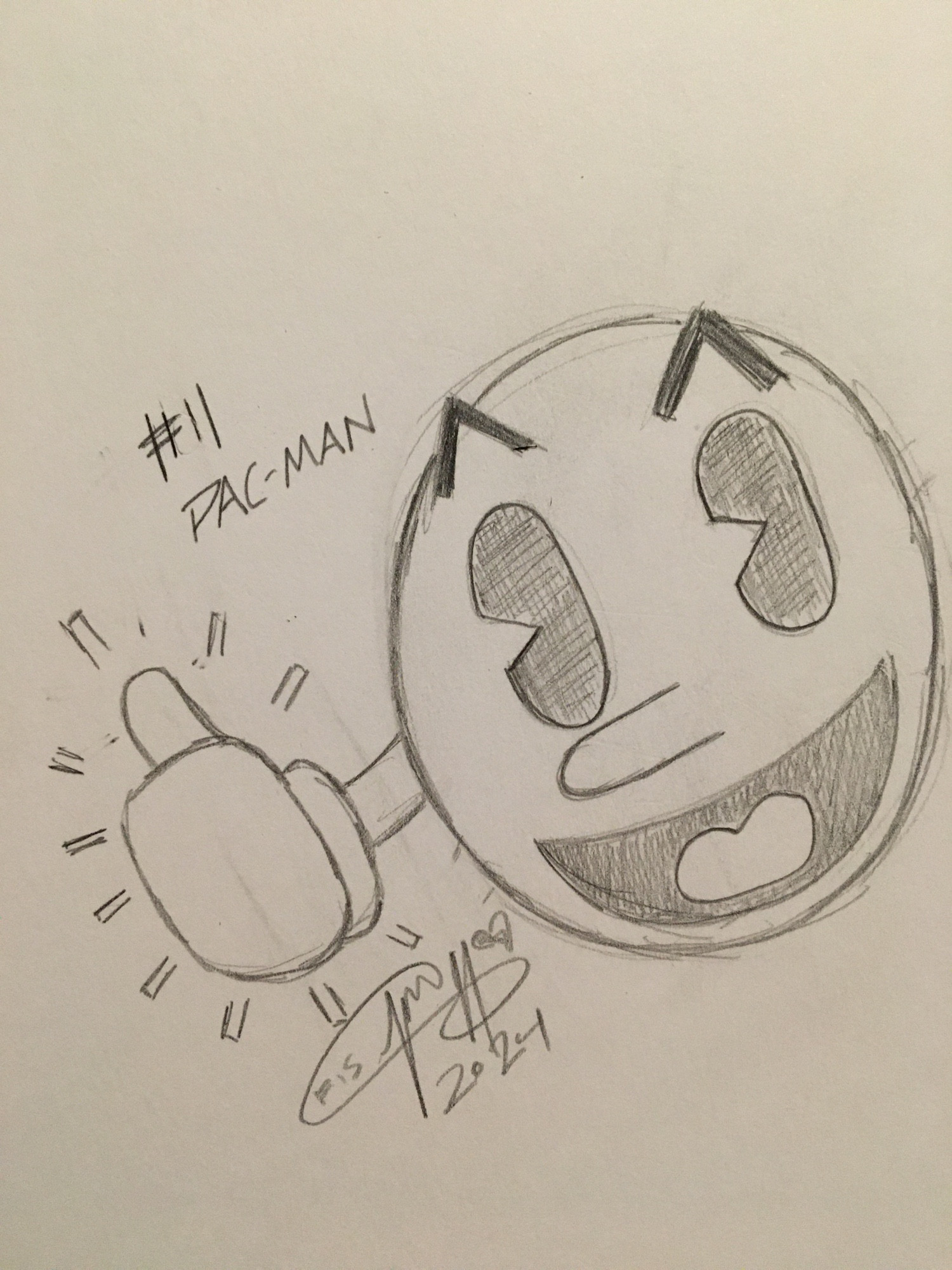 A traditional sketch of Pac-Man giving a thumbs up, assuring you that you’re doing great!